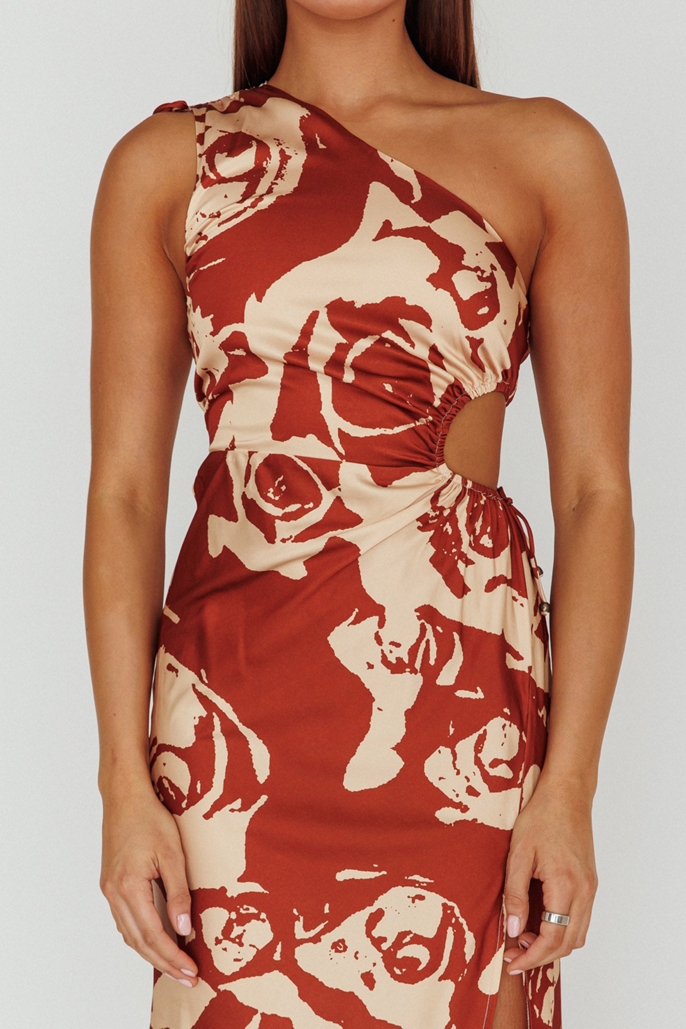 Charisma One-Shoulder Cut-Out Midi Dress Floral Coffee by Selfie Leslie Australia