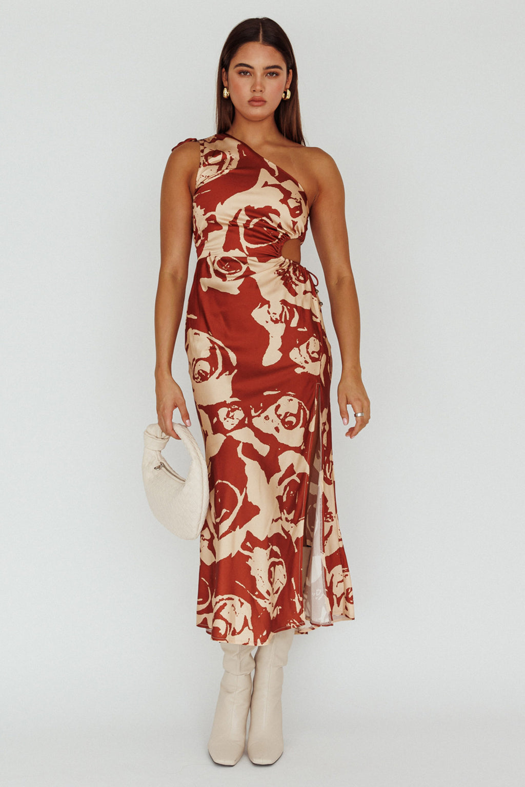 Charisma One-Shoulder Cut-Out Midi Dress Floral Coffee by Selfie Leslie Australia