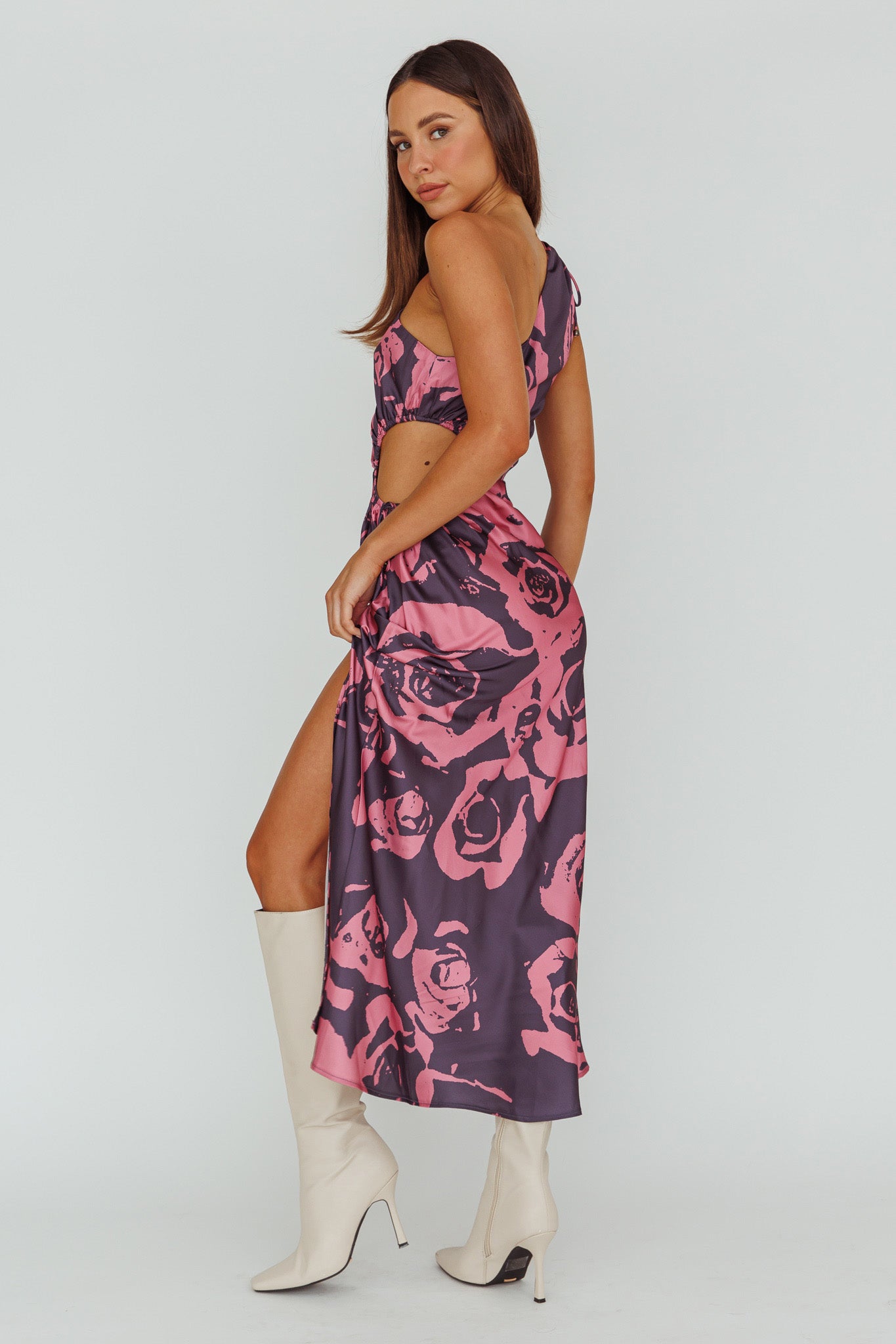 Charisma One-Shoulder Cut-Out Maxi Dress Floral Purple by Selfie Leslie Australia