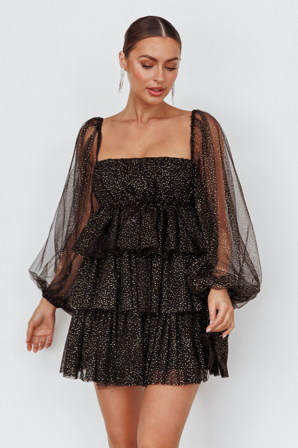 Spring Morning Long Sleeve Tiered Mini Dress Black/Gold by Selfie Leslie Australia
