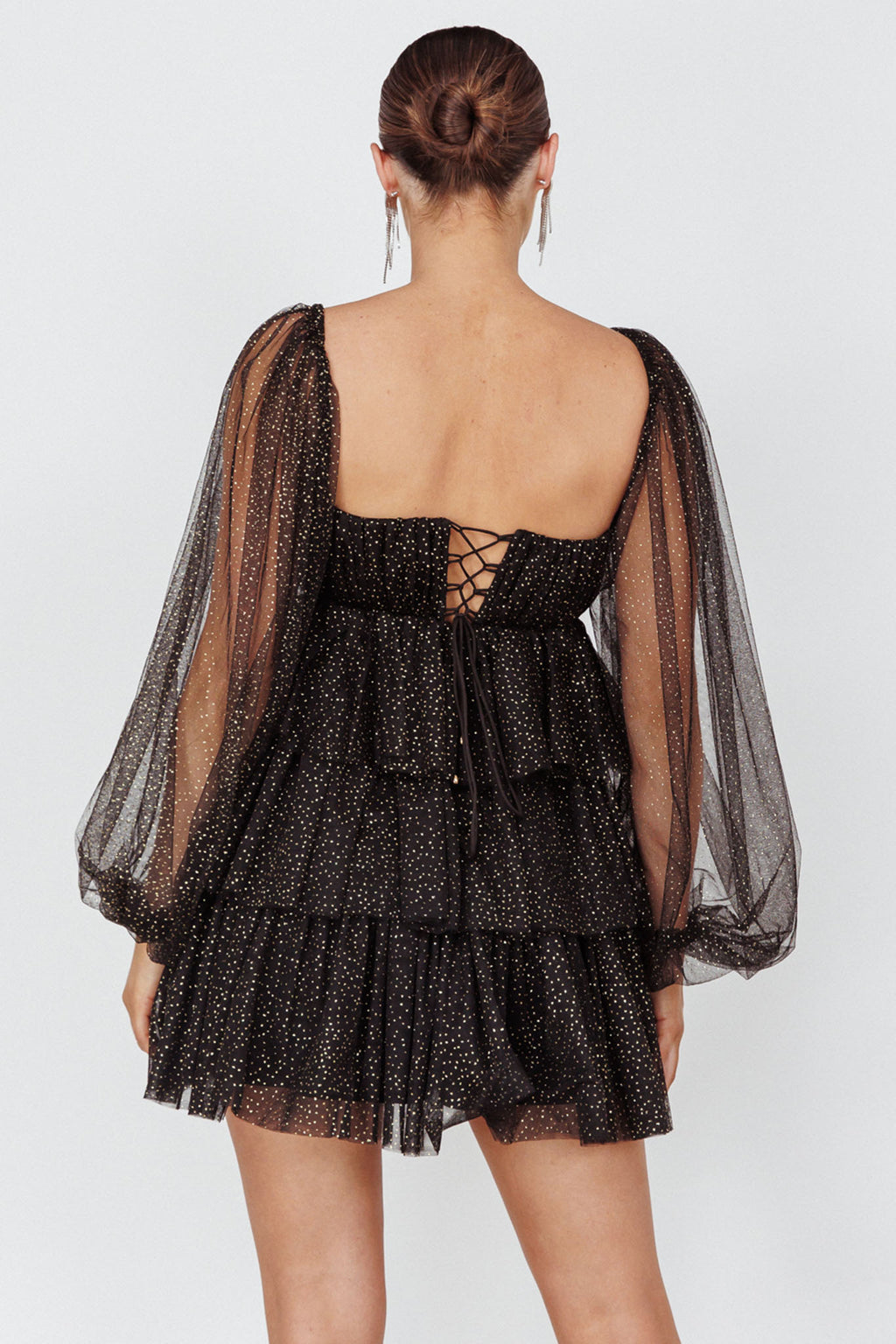 Spring Morning Long Sleeve Tiered Mini Dress Black/Gold by Selfie Leslie Australia