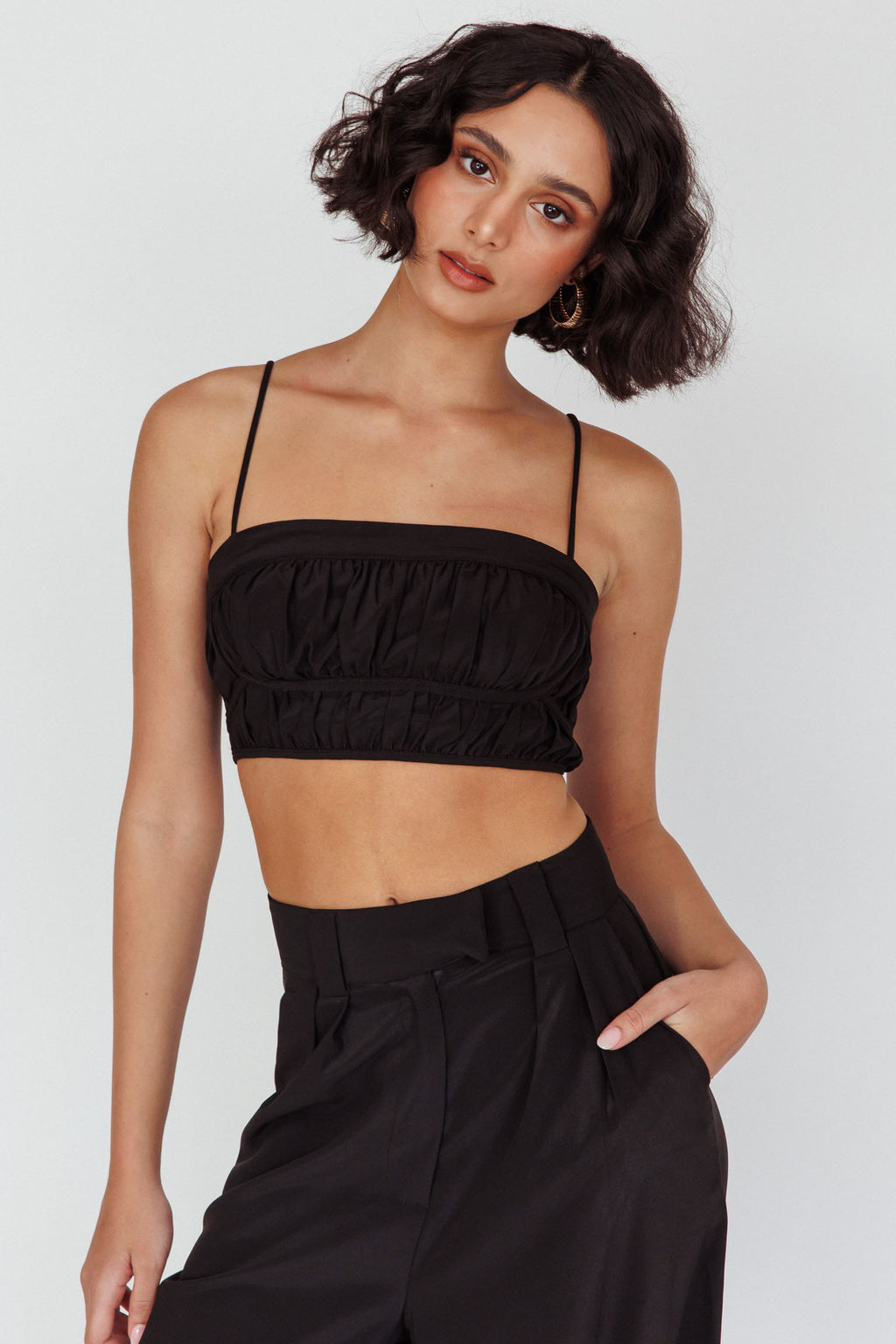 Regal Ruched Cami Crop Top Black by Selfie Leslie Australia