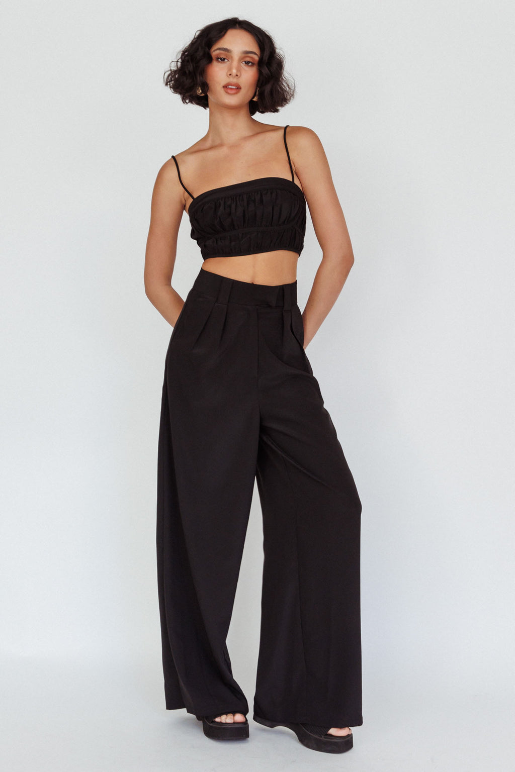 Regal Ruched Cami Crop Top Black by Selfie Leslie Australia