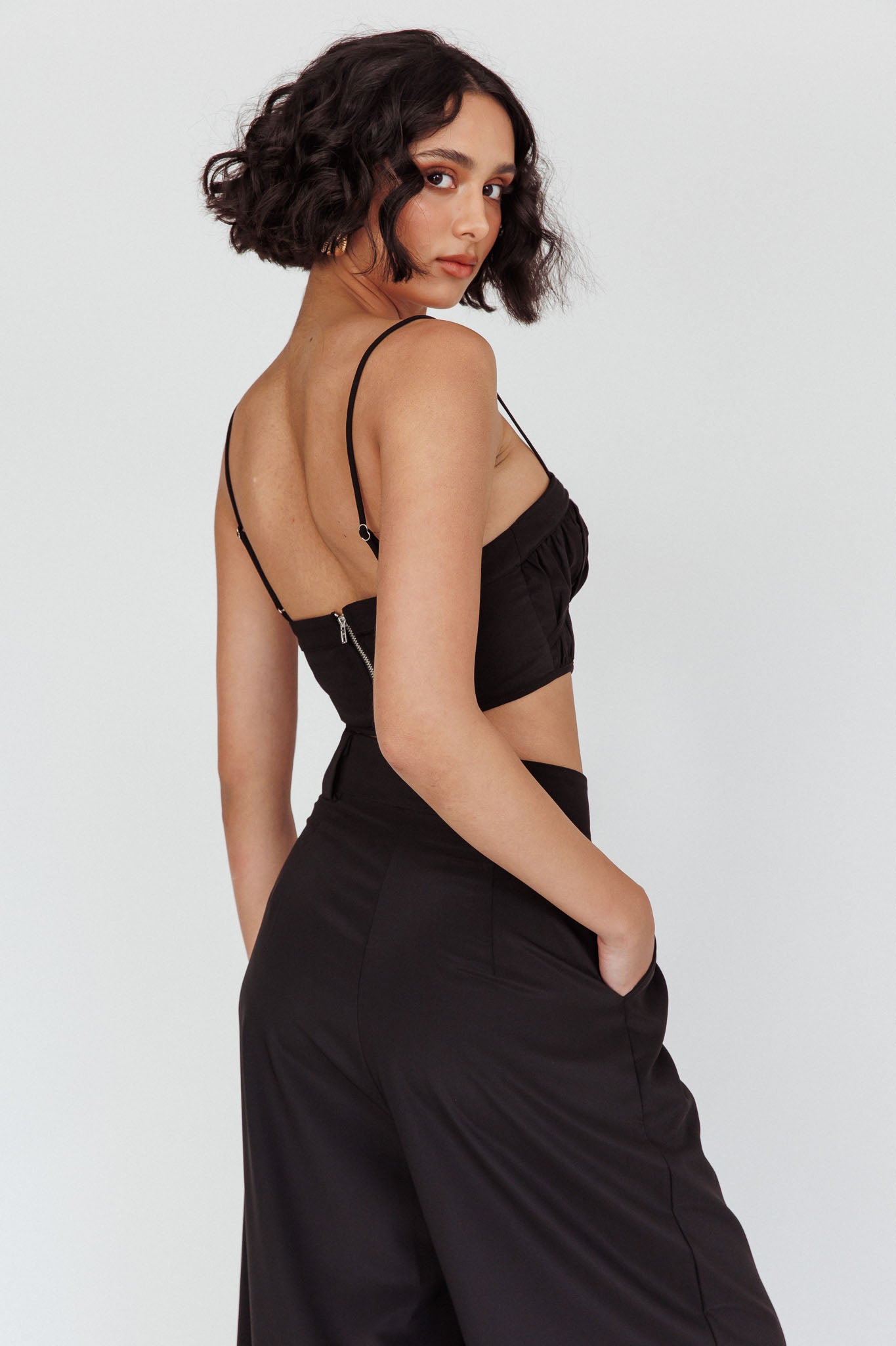 Regal Ruched Cami Crop Top Black by Selfie Leslie Australia