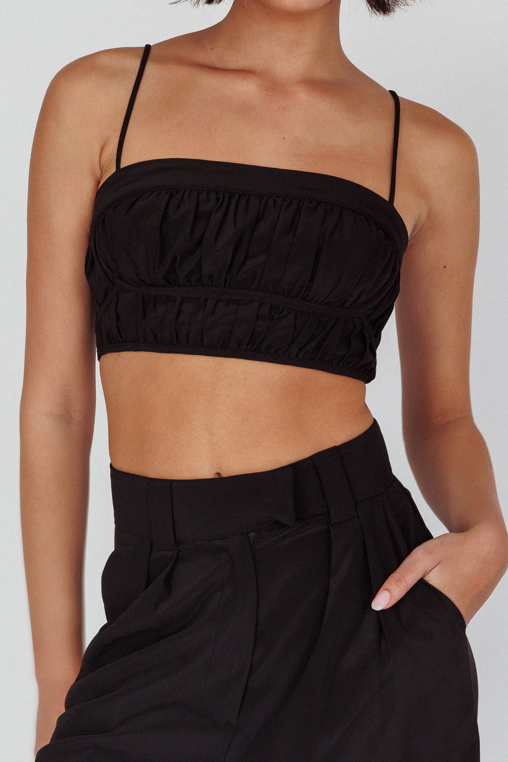 Regal Ruched Cami Crop Top Black by Selfie Leslie Australia