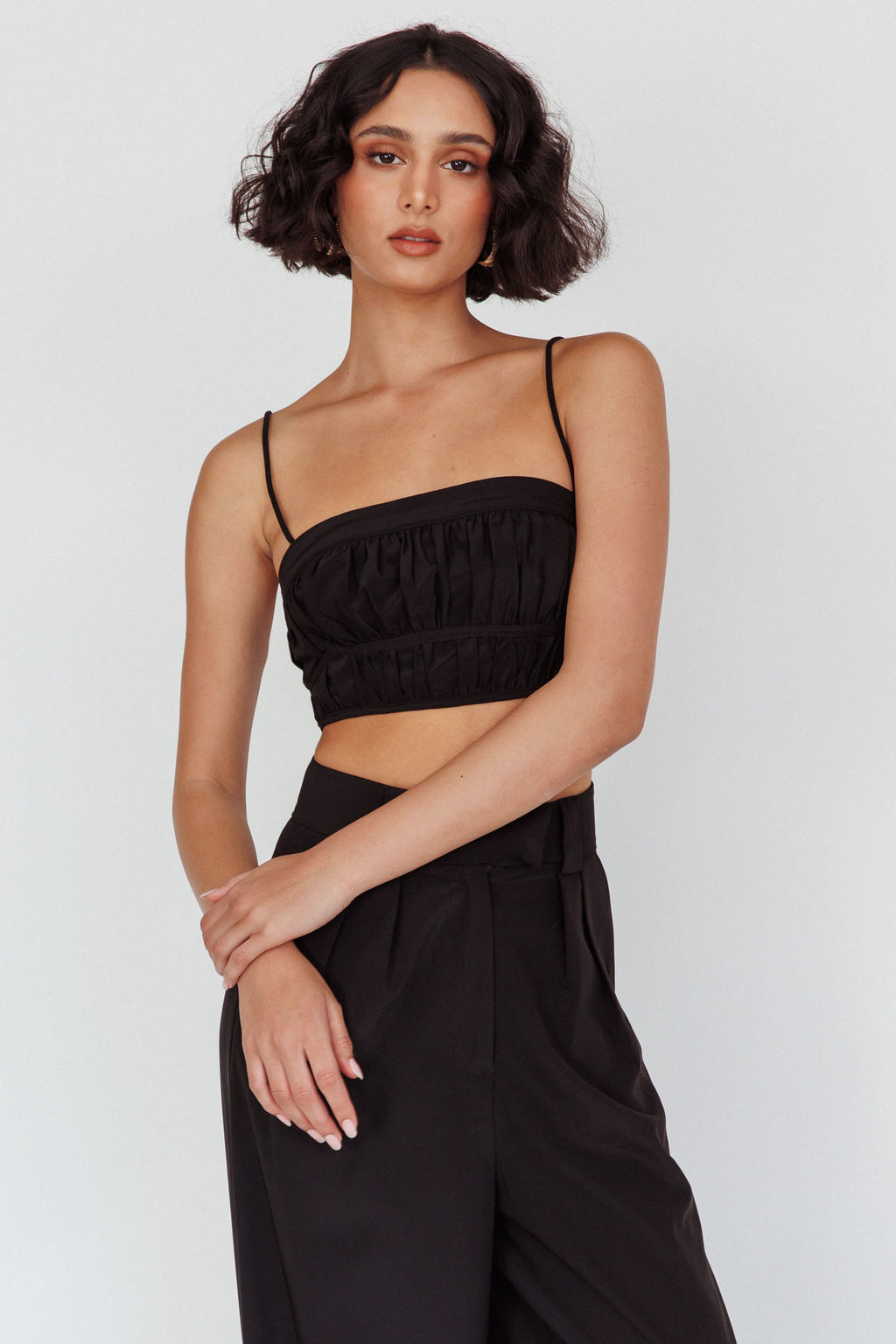 Regal Ruched Cami Crop Top Black by Selfie Leslie Australia