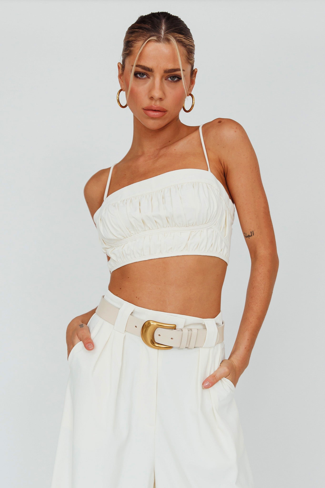 Regal Ruched Cami Crop Top Cream by Selfie Leslie Australia