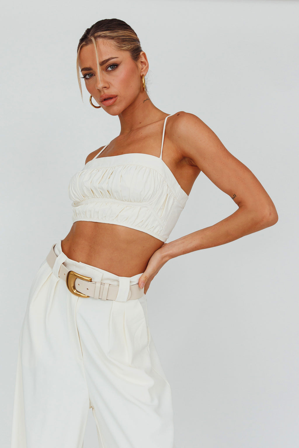 Regal Ruched Cami Crop Top Cream by Selfie Leslie Australia