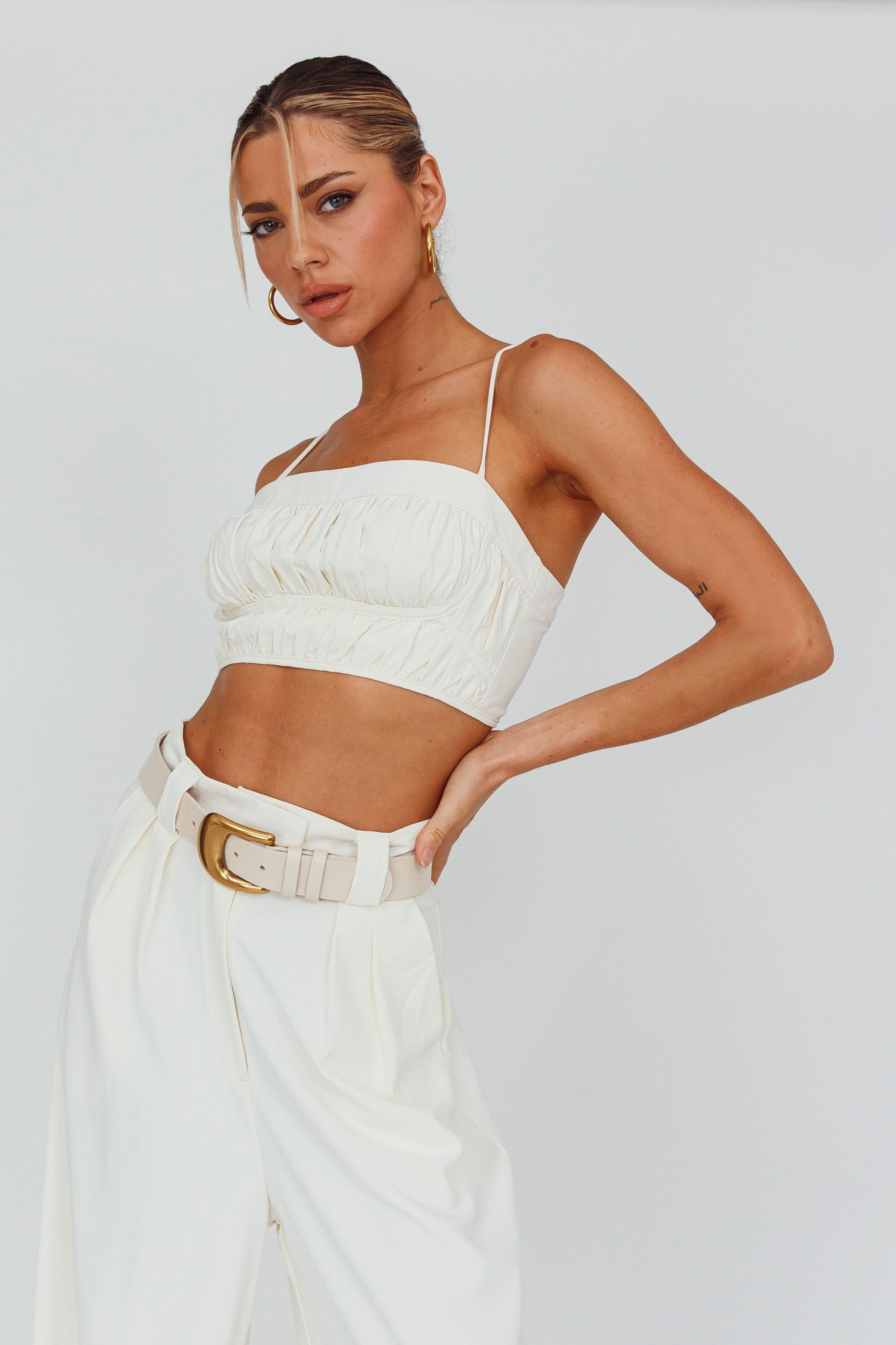 Regal Ruched Cami Crop Top Cream by Selfie Leslie Australia