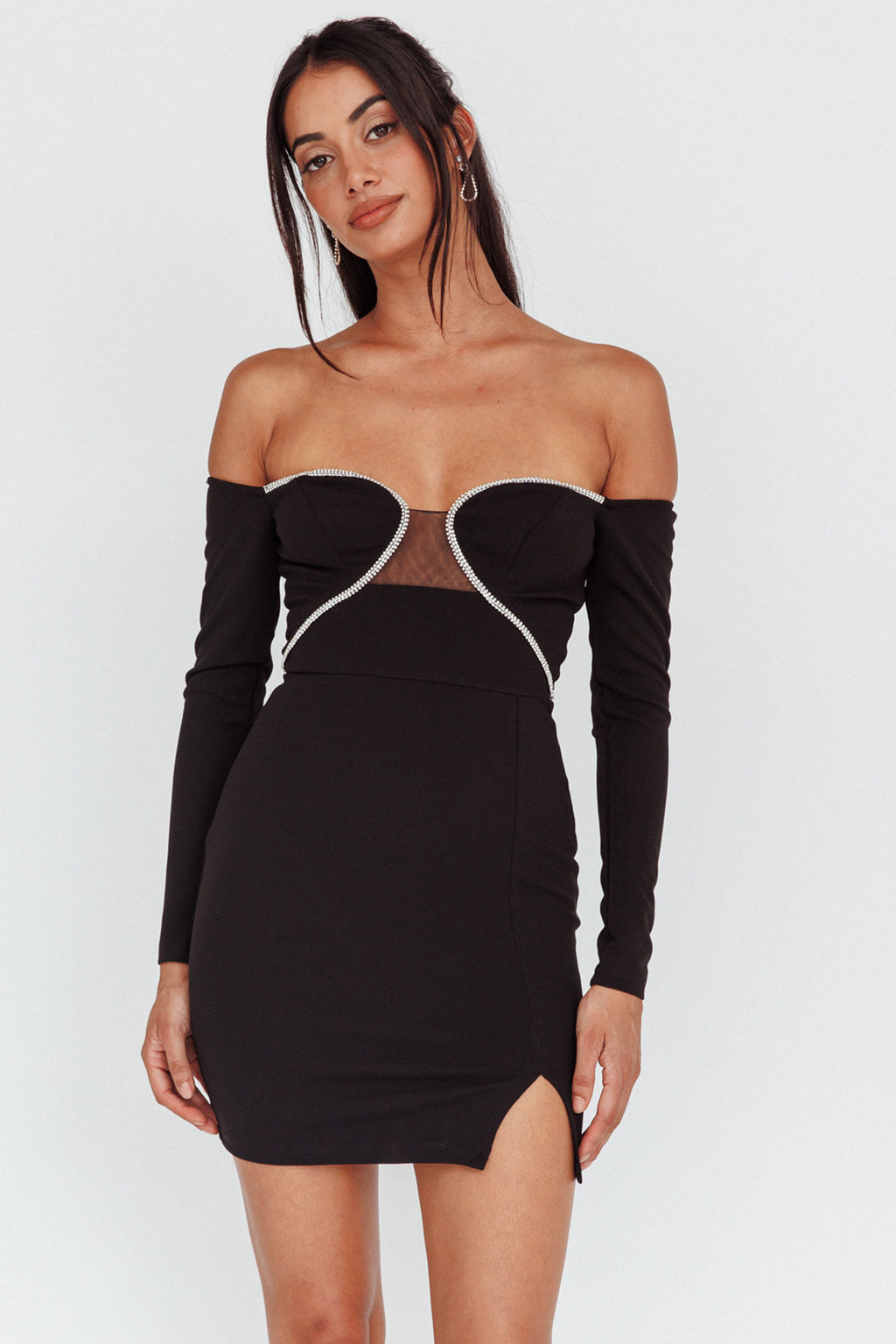 A-List Diamante Trim Long Sleeve Mini Dress Black by Selfie Leslie Australia