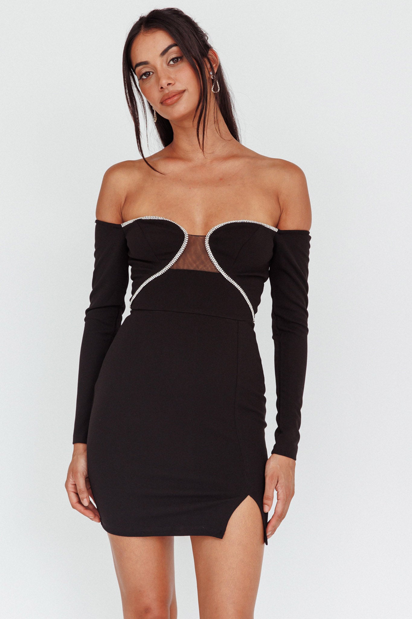 A-List Diamante Trim Long Sleeve Mini Dress Black by Selfie Leslie Australia