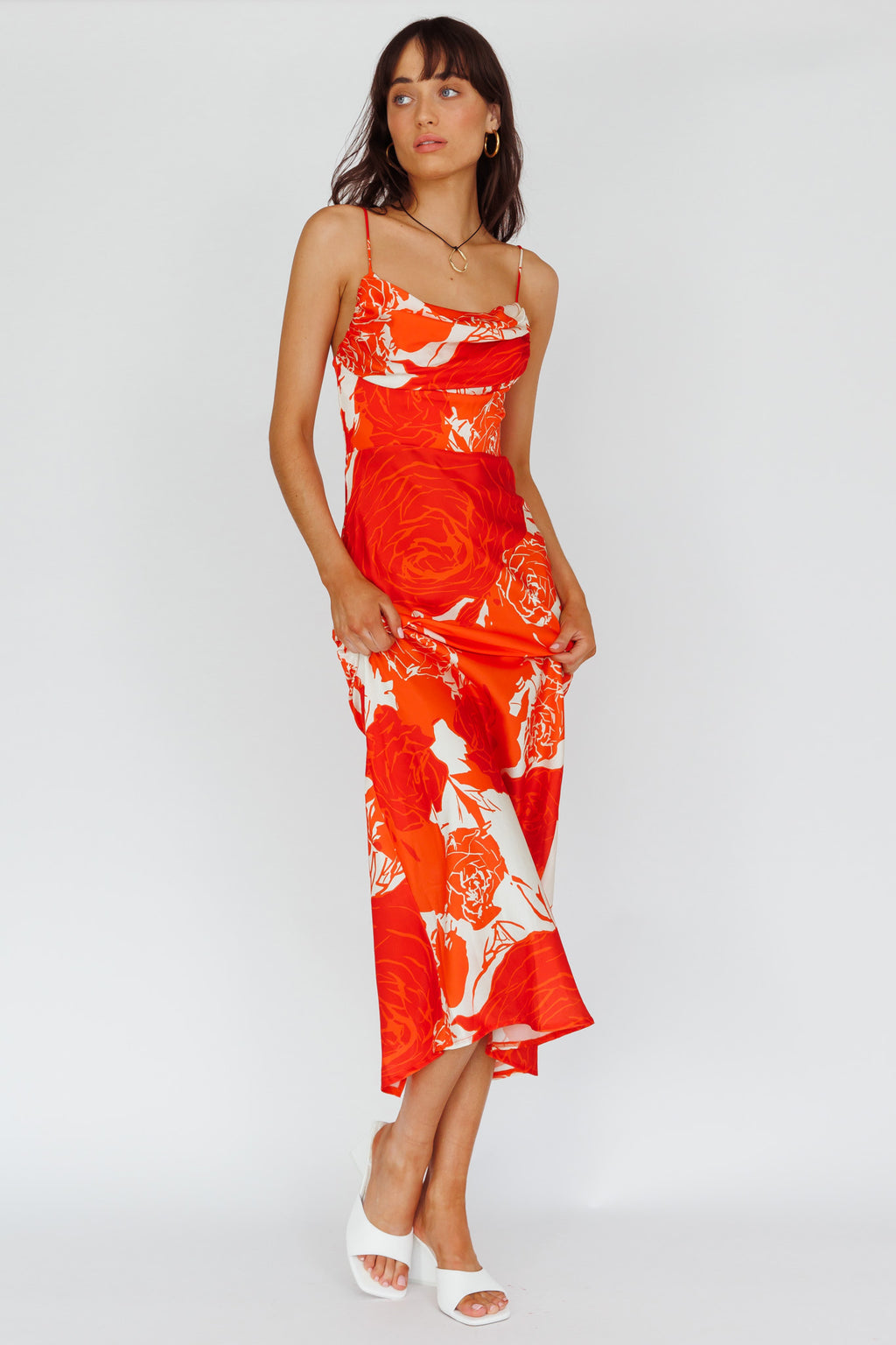 Highland Pleated Bust Midi Dress Floral Orange by Selfie Leslie Australia