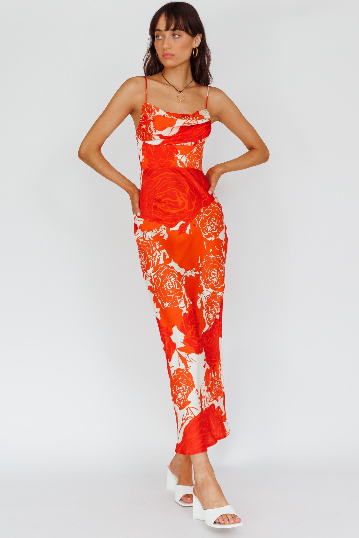 Highland Pleated Bust Midi Dress Floral Orange by Selfie Leslie Australia