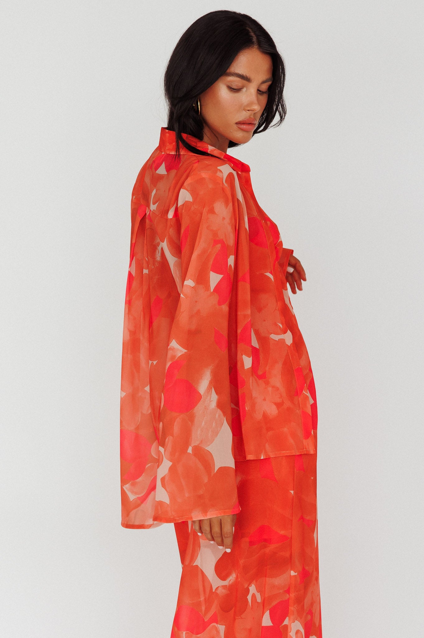 Stasi Flared Cuff Long Sleeve Shirt Floral Orange by Selfie Leslie Australia