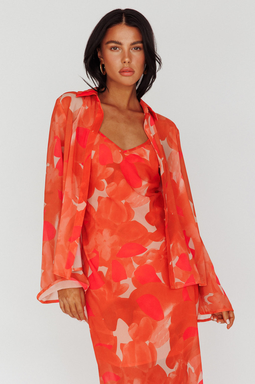 Stasi Flared Cuff Long Sleeve Shirt Floral Orange by Selfie Leslie Australia