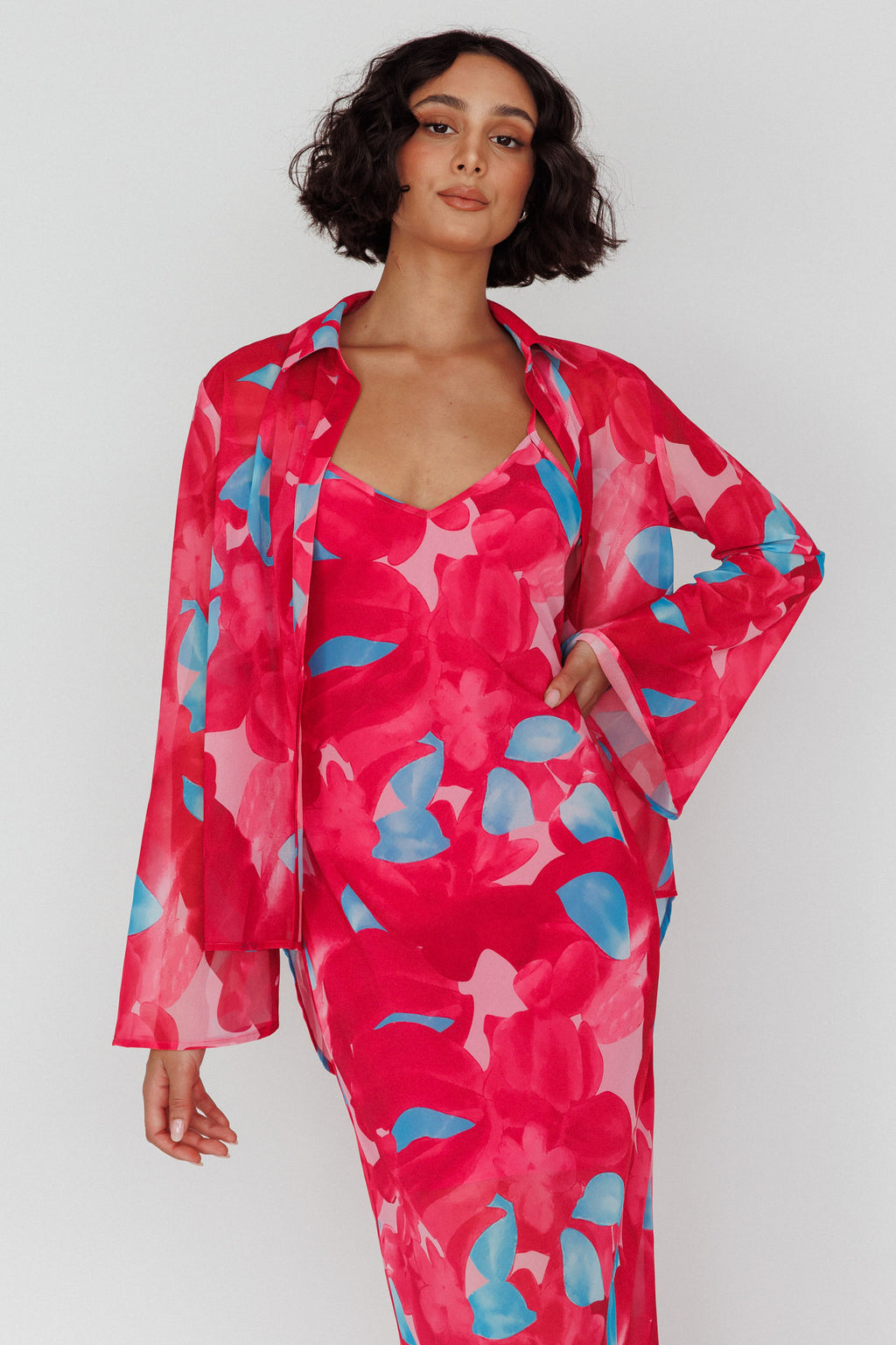 Stasi Flared Cuff Long Sleeve Shirt Floral Pink by Selfie Leslie Australia