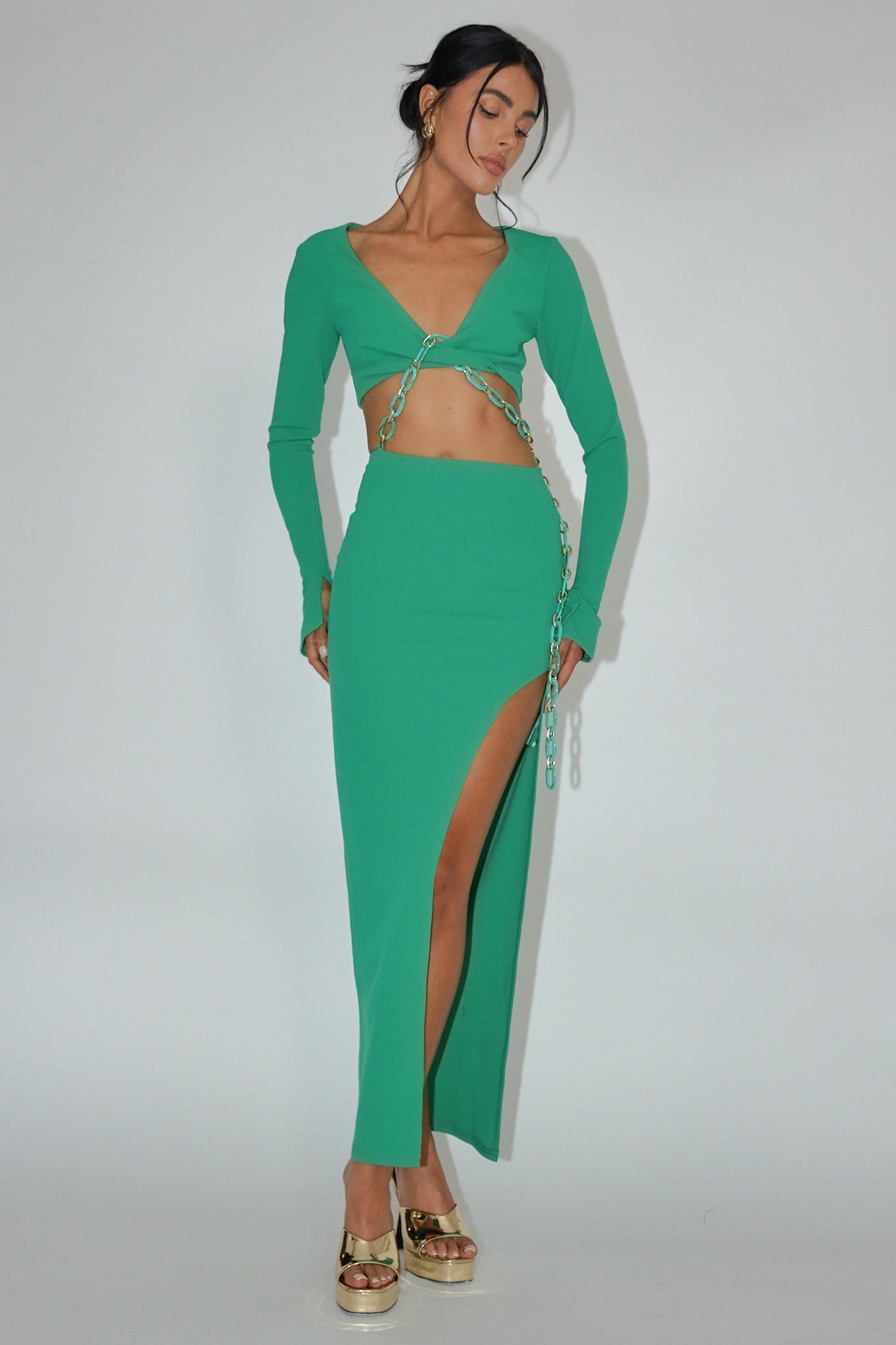 Sigournie Long Sleeve Chain Midi Dress Green by Selfie Leslie Australia