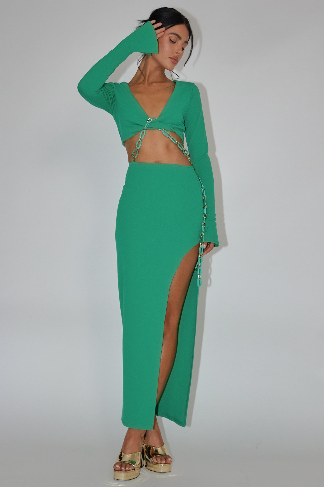 Sigournie Long Sleeve Chain Midi Dress Green by Selfie Leslie Australia