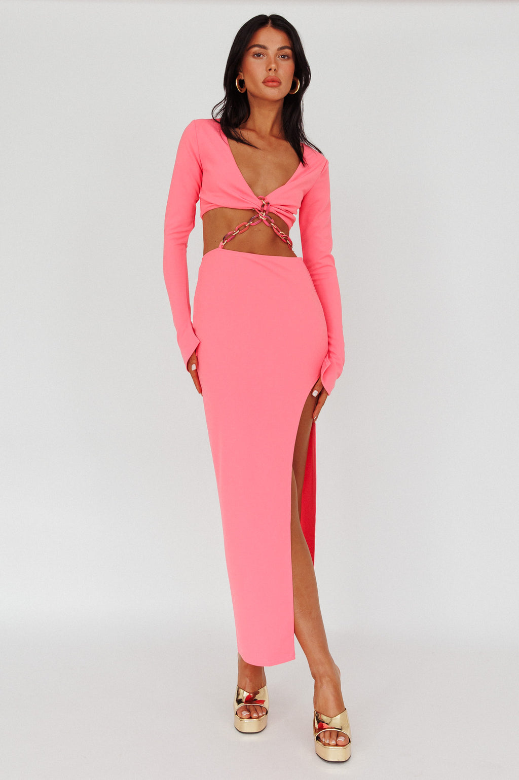 Sigournie Long Sleeve Chain Midi Dress Pink by Selfie Leslie Australia