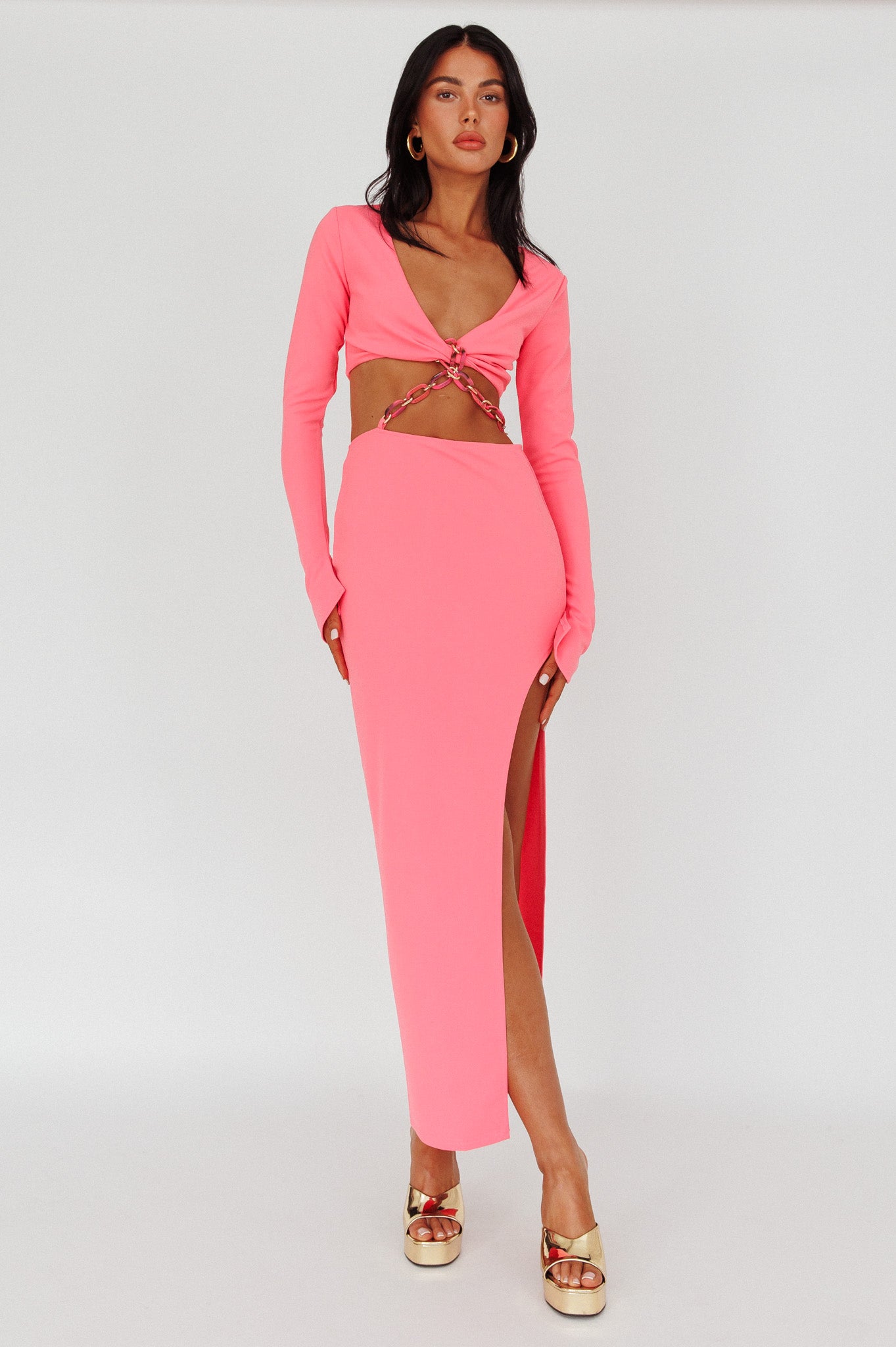 Sigournie Long Sleeve Chain Midi Dress Pink by Selfie Leslie Australia