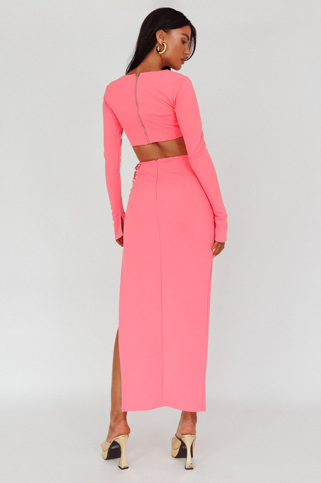 Sigournie Long Sleeve Chain Midi Dress Pink by Selfie Leslie Australia