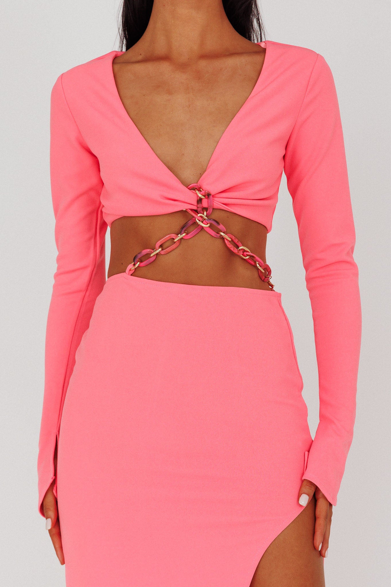 Sigournie Long Sleeve Chain Midi Dress Pink by Selfie Leslie Australia