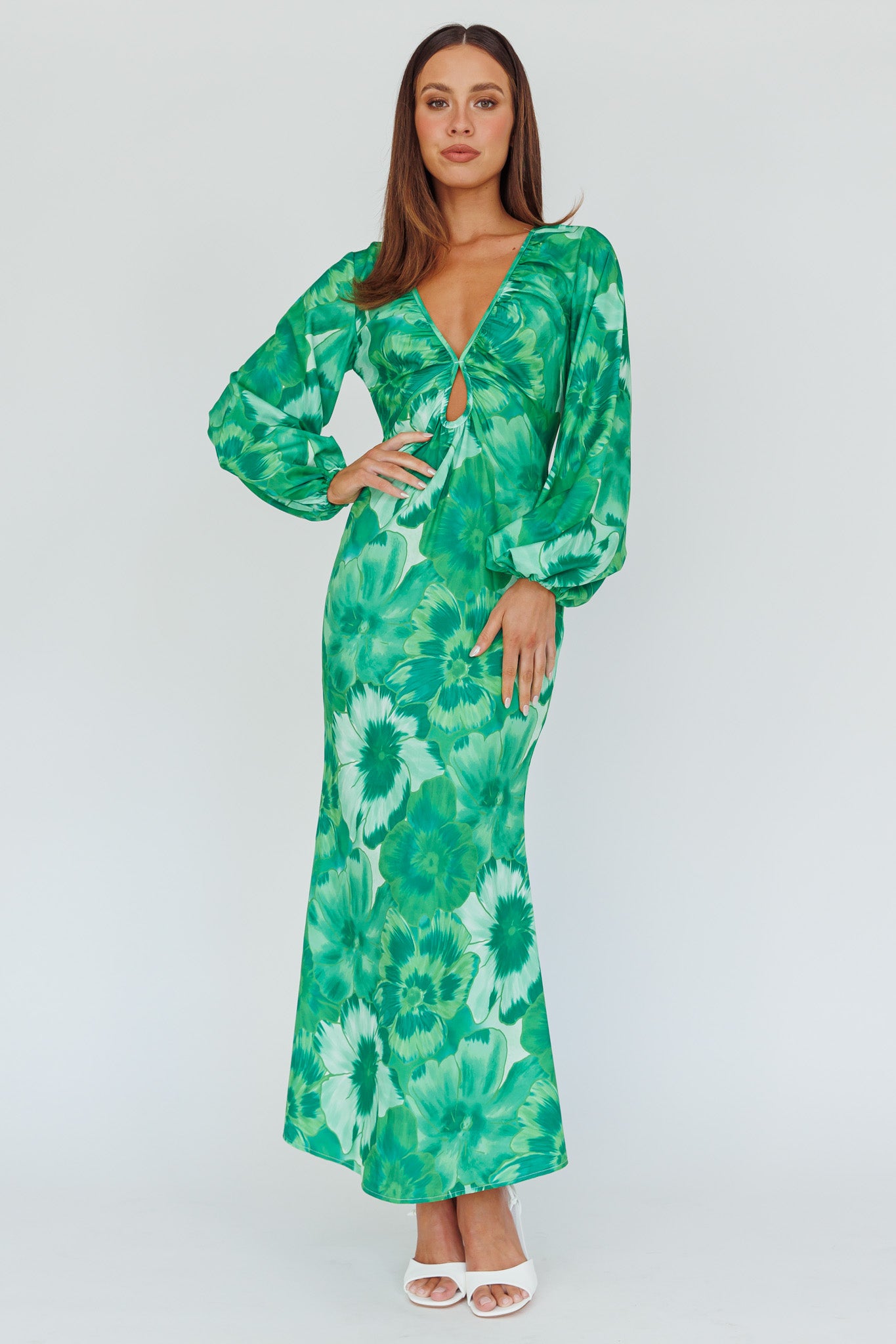 Yessica Balloon Sleeve Midi Dress Floral Green by Selfie Leslie Australia