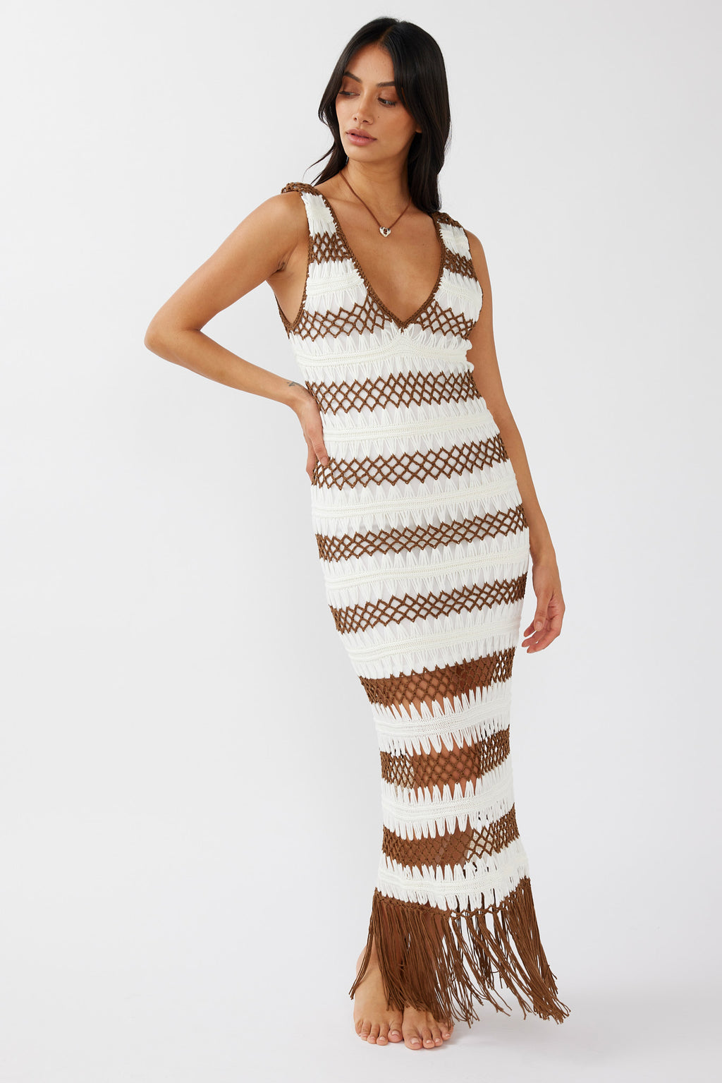 Ximena Tassel Hem Crochet Midi Dress White/Mocha by Selfie Leslie Australia