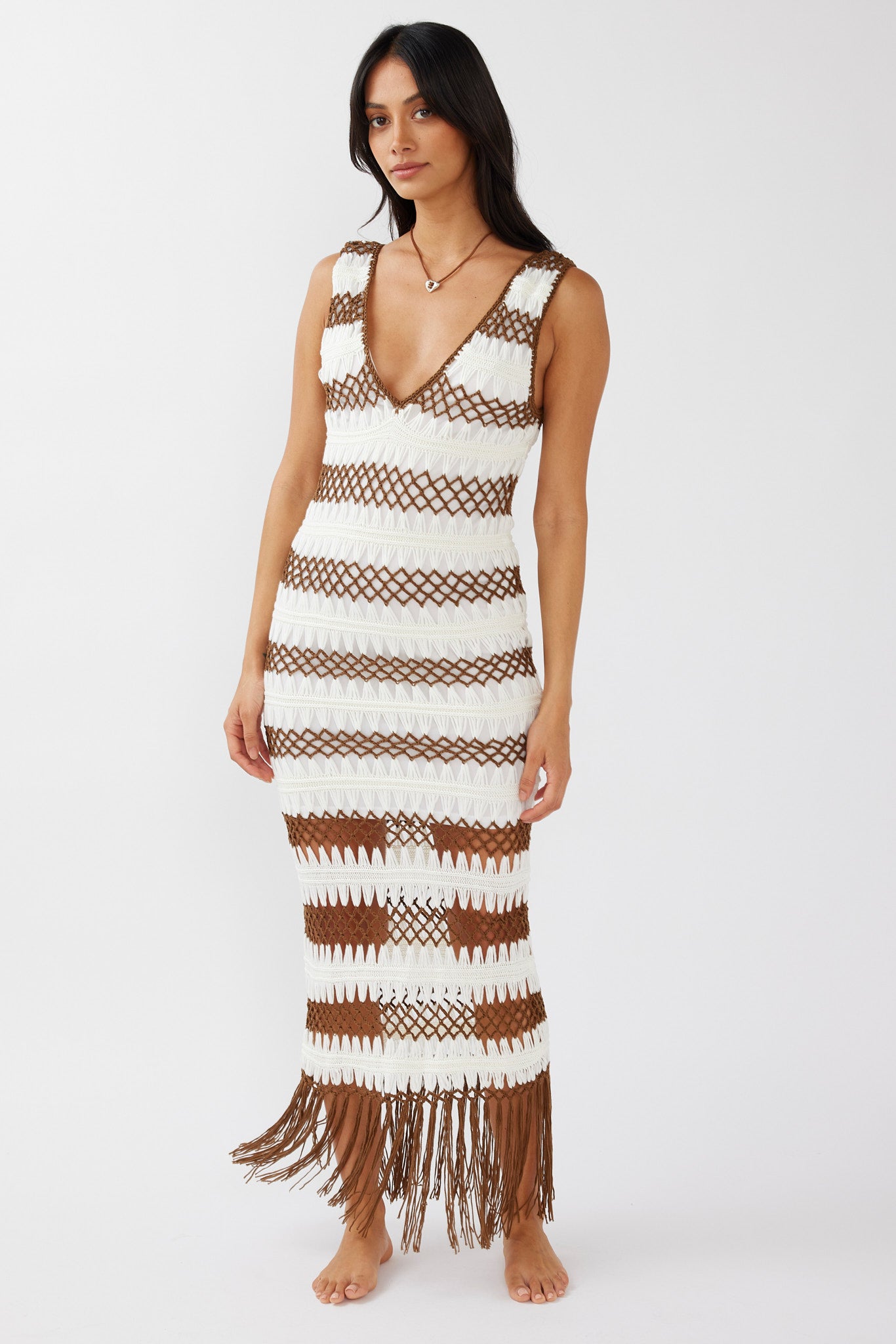 Ximena Tassel Hem Crochet Midi Dress White/Mocha by Selfie Leslie Australia