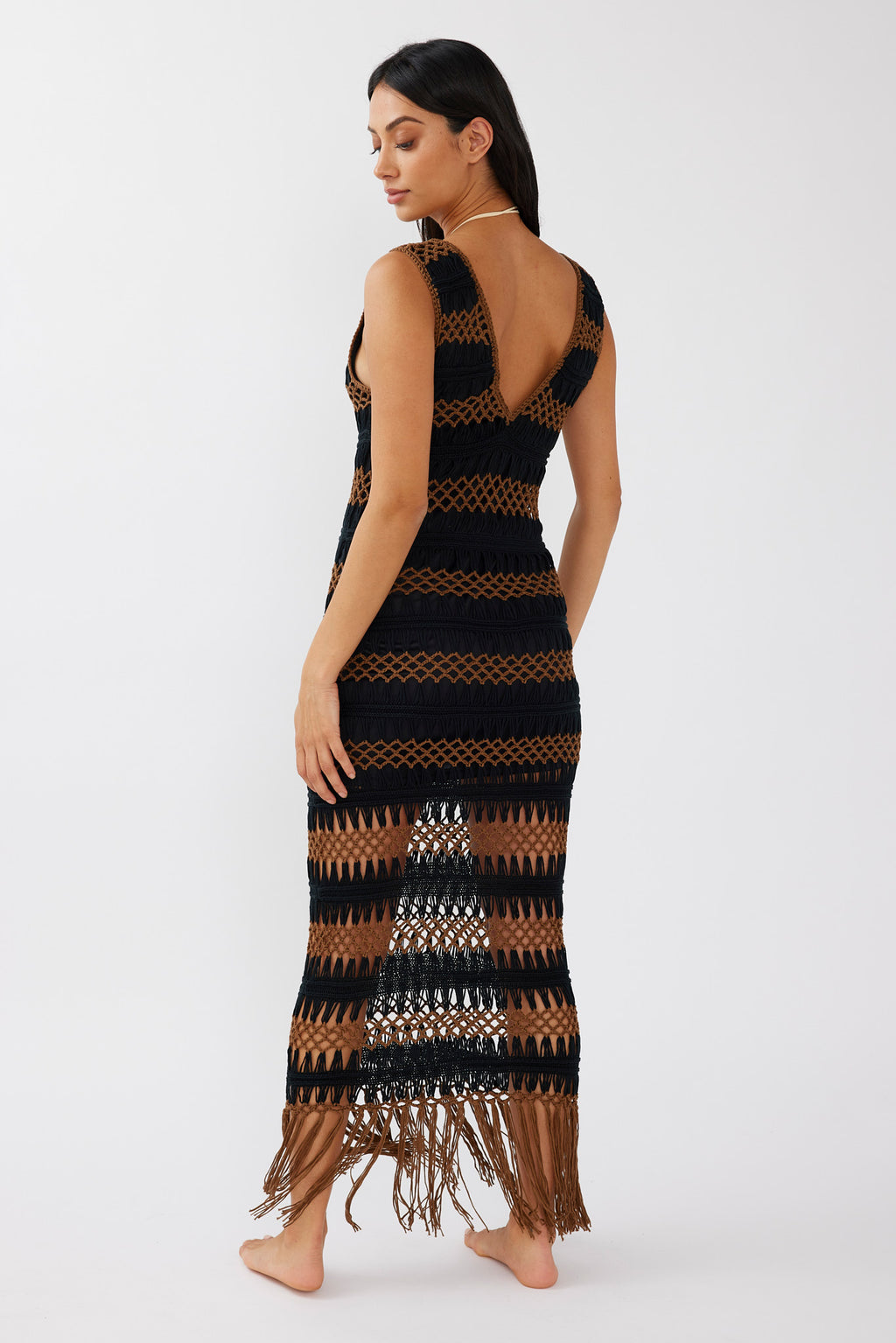 Ximena Tassel Hem Crochet Midi Dress Black/Mocha by Selfie Leslie Australia