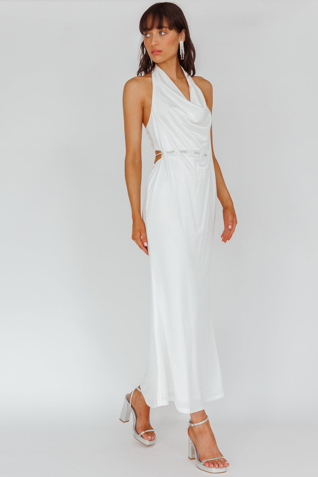 Emmi Cowl Neck Diamante Rope Dress White by Selfie Leslie Australia