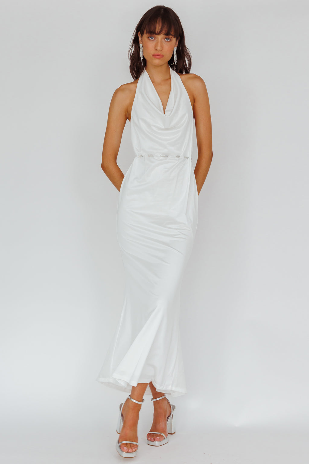 Emmi Cowl Neck Diamante Rope Dress White by Selfie Leslie Australia