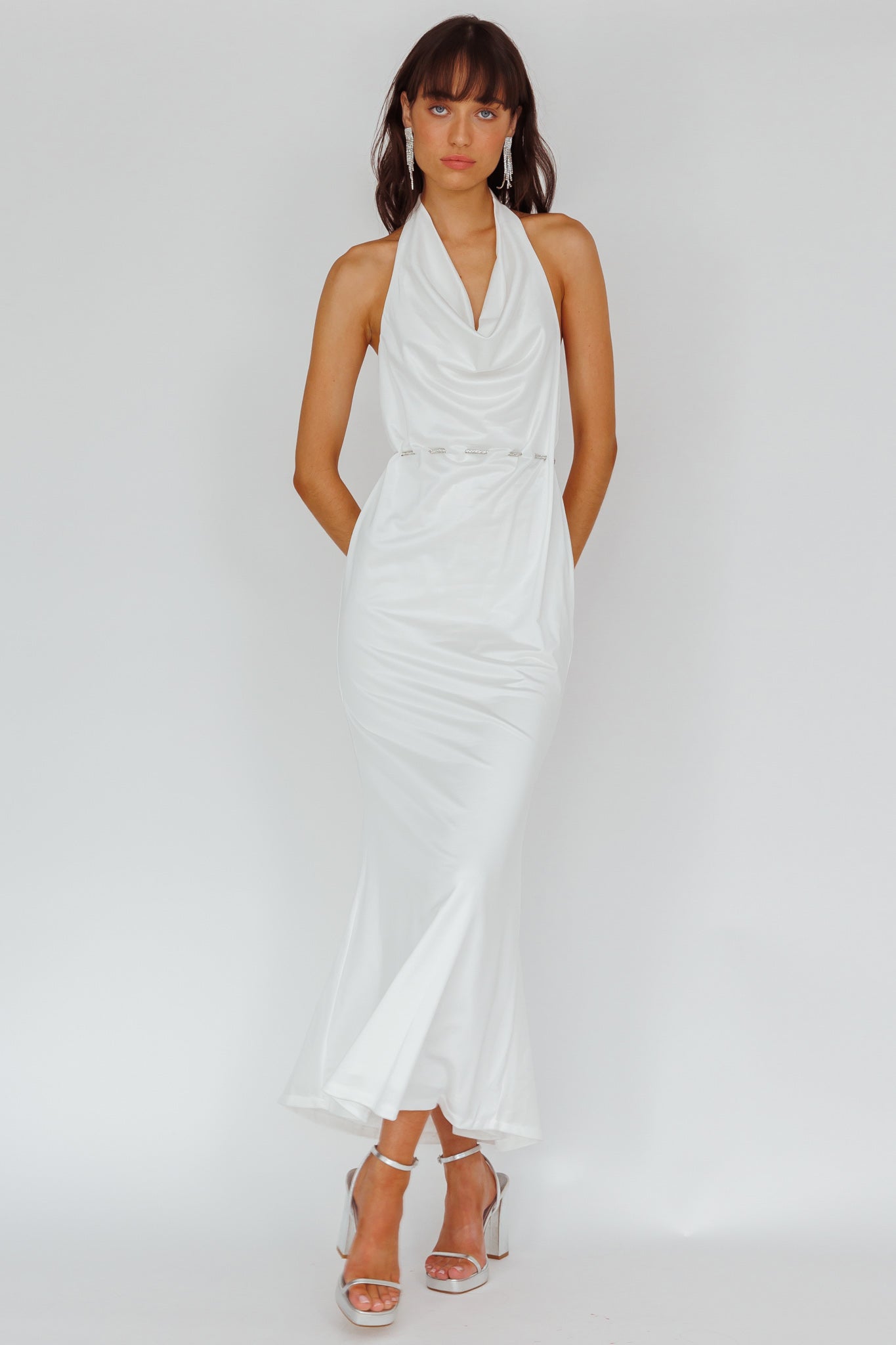 Emmi Cowl Neck Diamante Rope Dress White by Selfie Leslie Australia