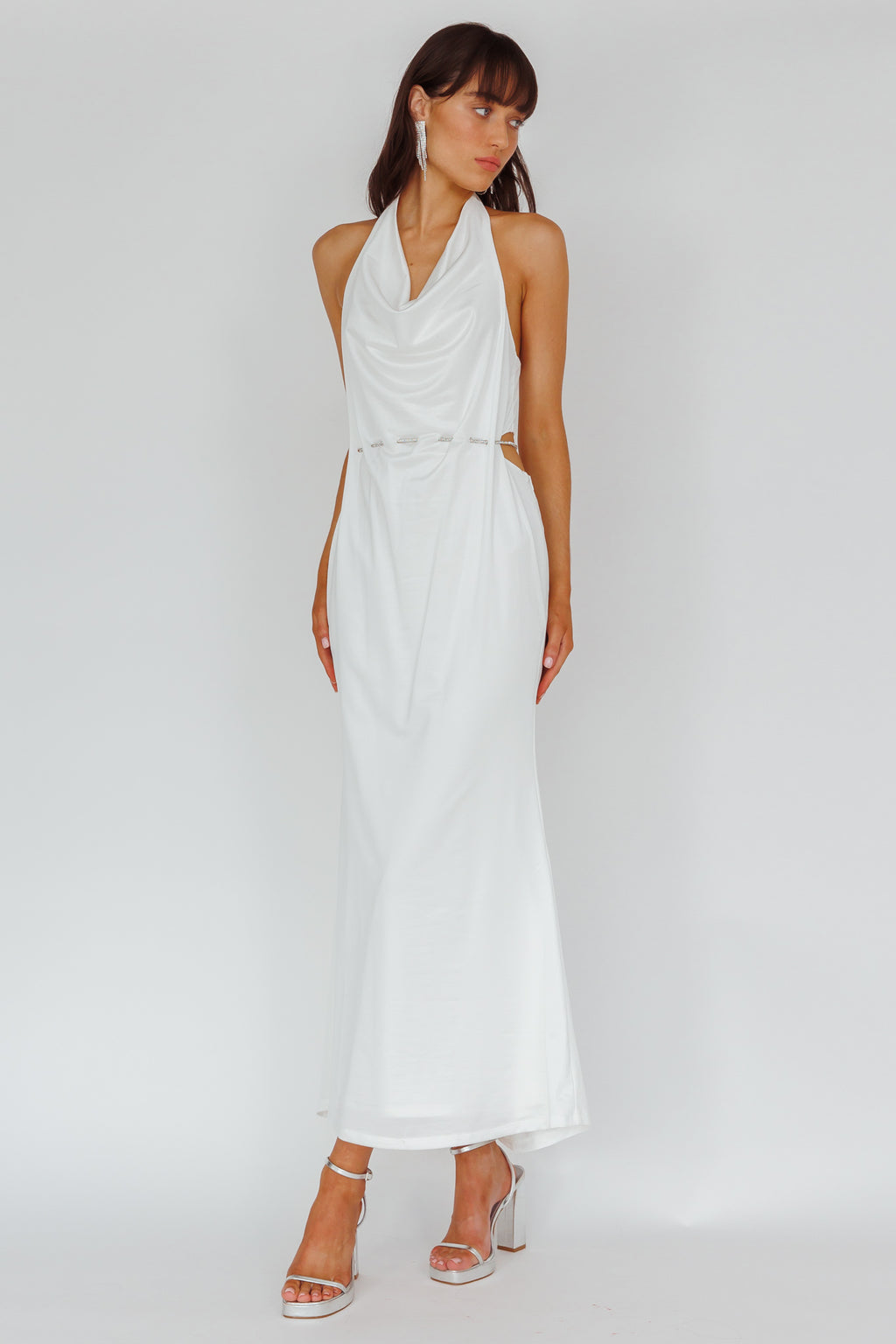 Emmi Cowl Neck Diamante Rope Dress White by Selfie Leslie Australia