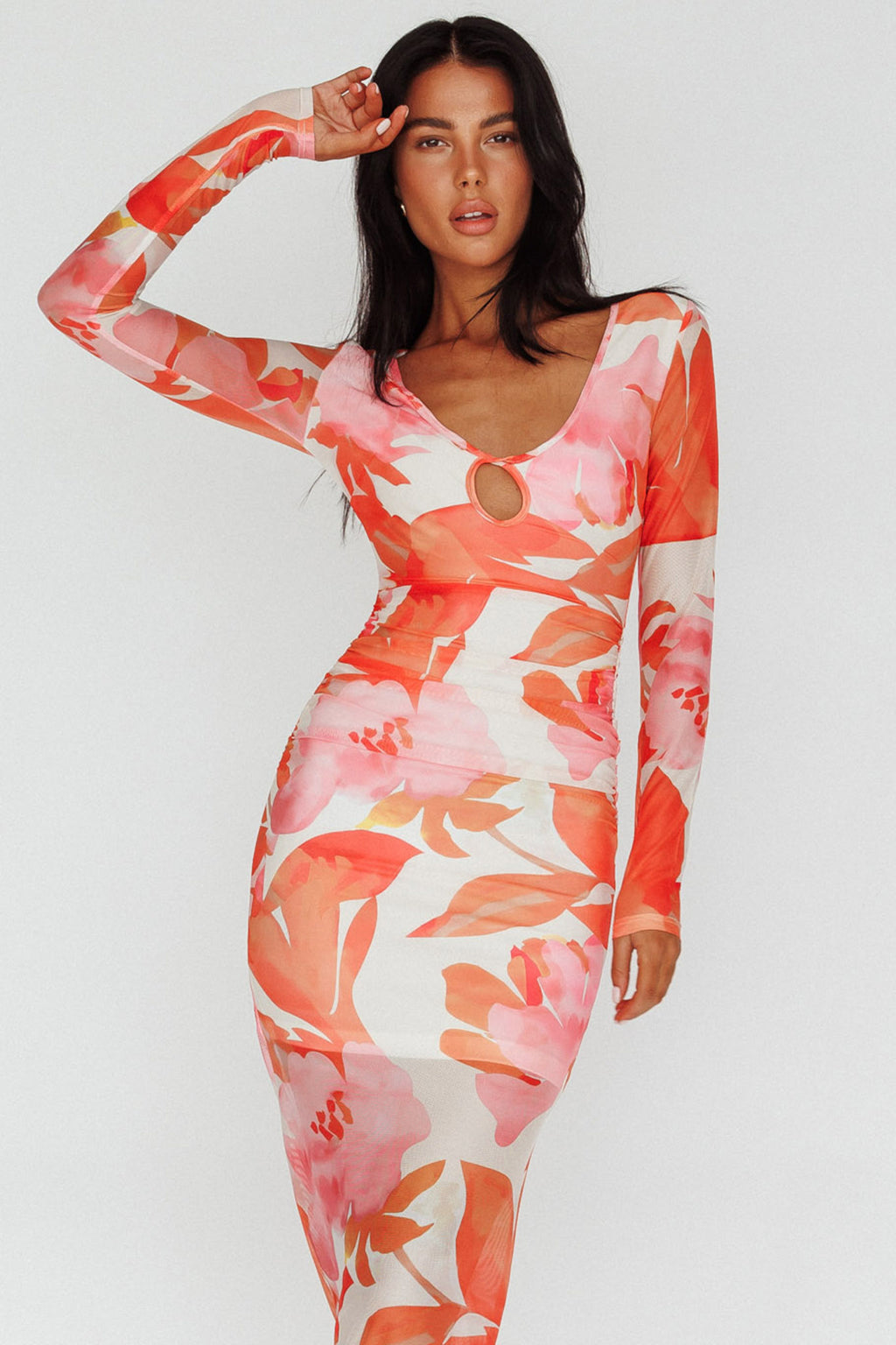 Chardae Long Sleeve Mesh Midi Dress Floral Pink by Selfie Leslie Australia
