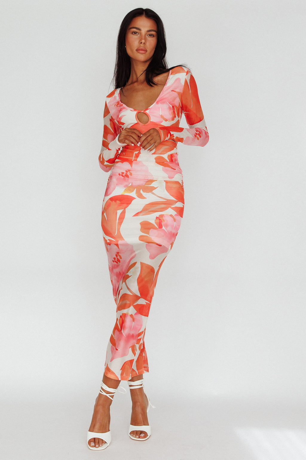 Chardae Long Sleeve Mesh Midi Dress Floral Pink by Selfie Leslie Australia
