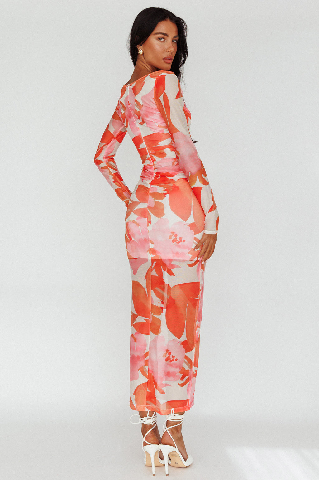 Chardae Long Sleeve Mesh Midi Dress Floral Pink by Selfie Leslie Australia