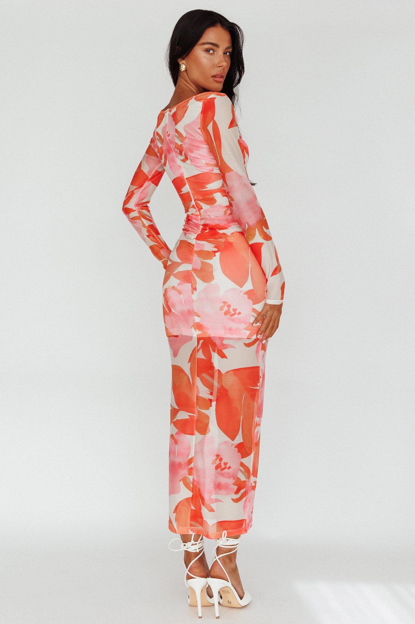Chardae Long Sleeve Mesh Midi Dress Floral Pink by Selfie Leslie Australia