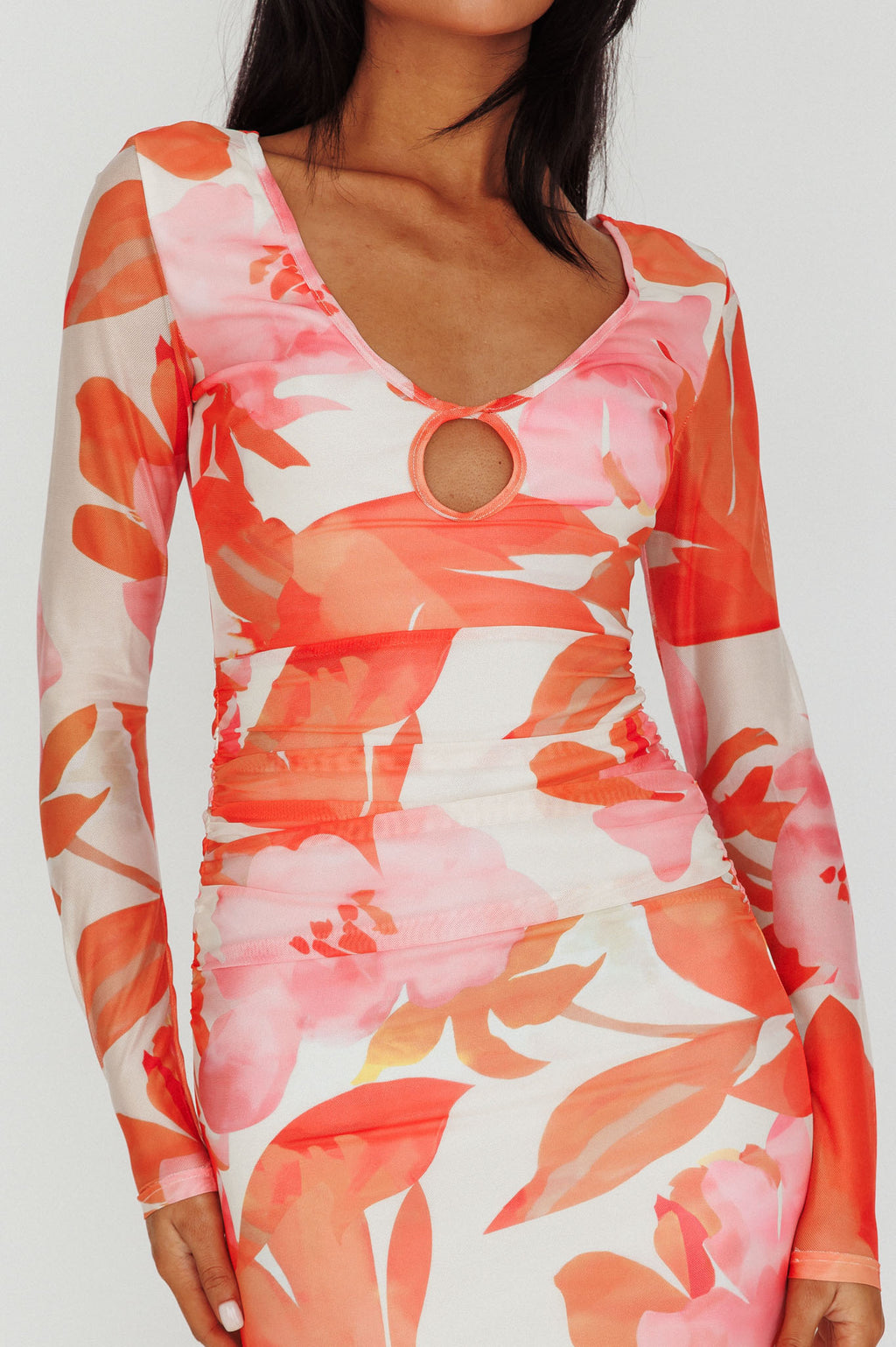 Chardae Long Sleeve Mesh Midi Dress Floral Pink by Selfie Leslie Australia