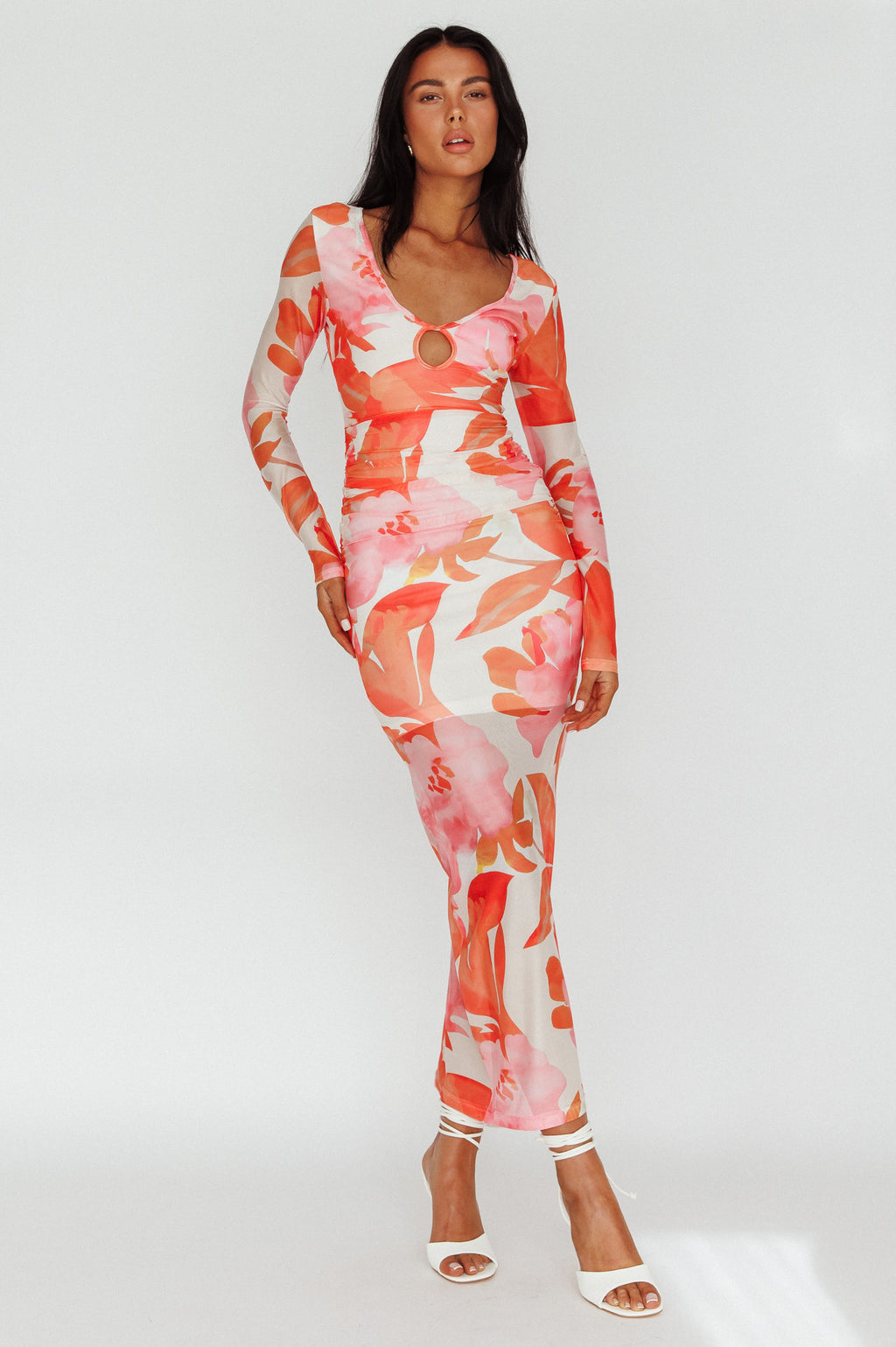 Chardae Long Sleeve Mesh Midi Dress Floral Pink by Selfie Leslie Australia