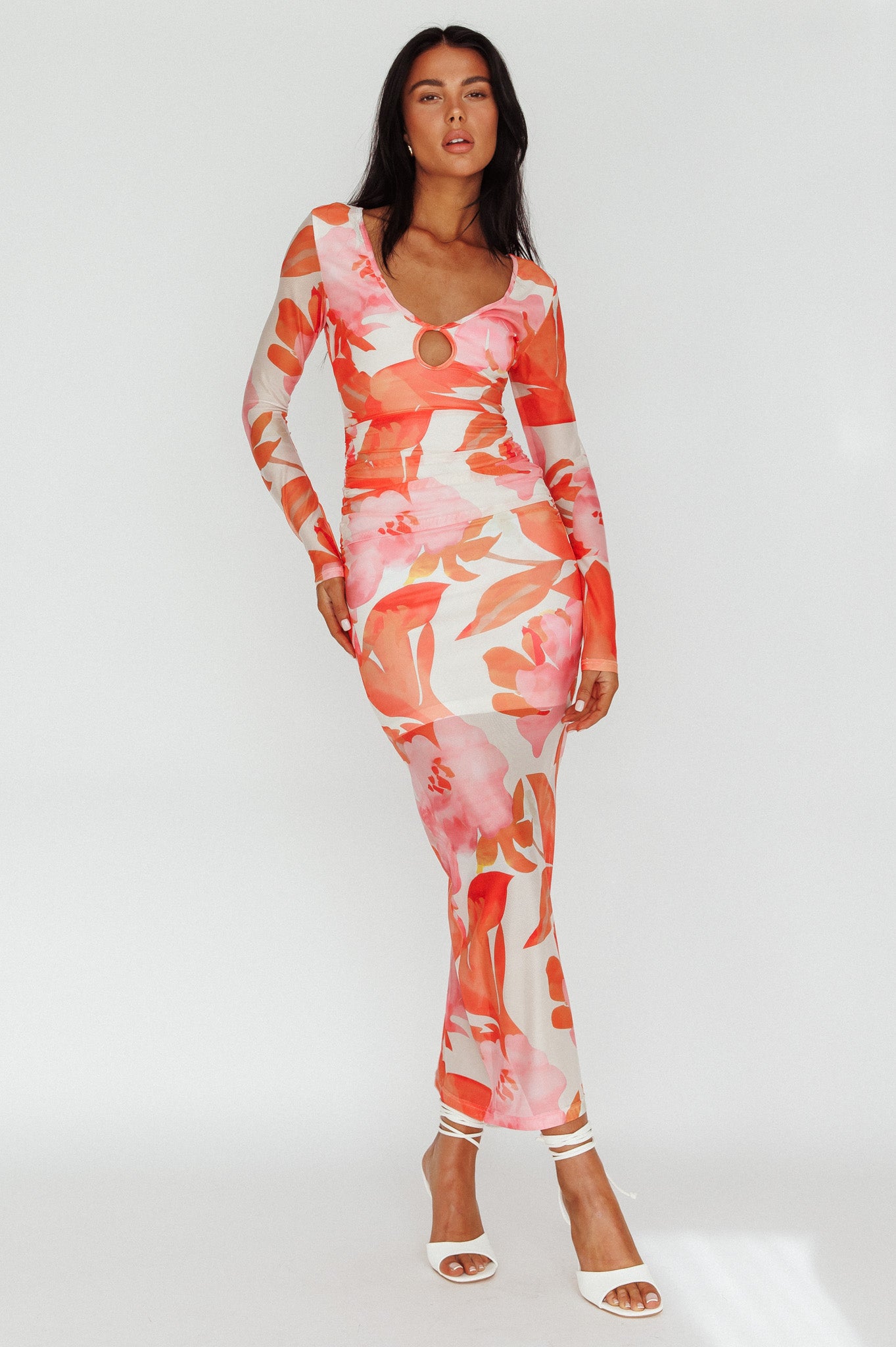 Chardae Long Sleeve Mesh Midi Dress Floral Pink by Selfie Leslie Australia
