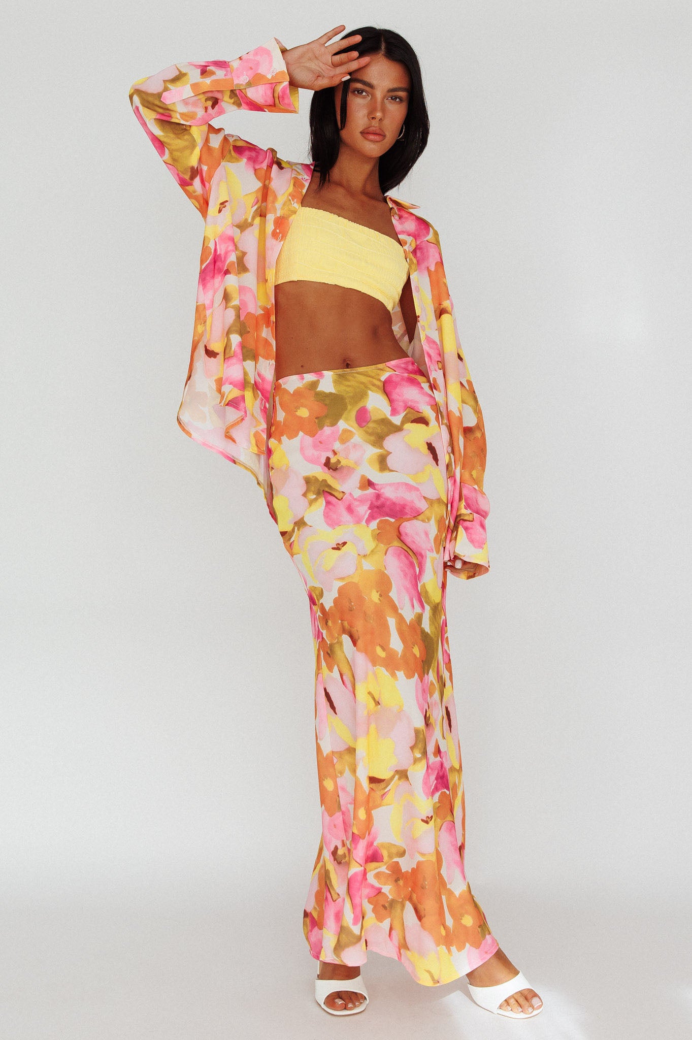 Vacation Midi Skirt Floral Pink/Yellow by Selfie Leslie Australia
