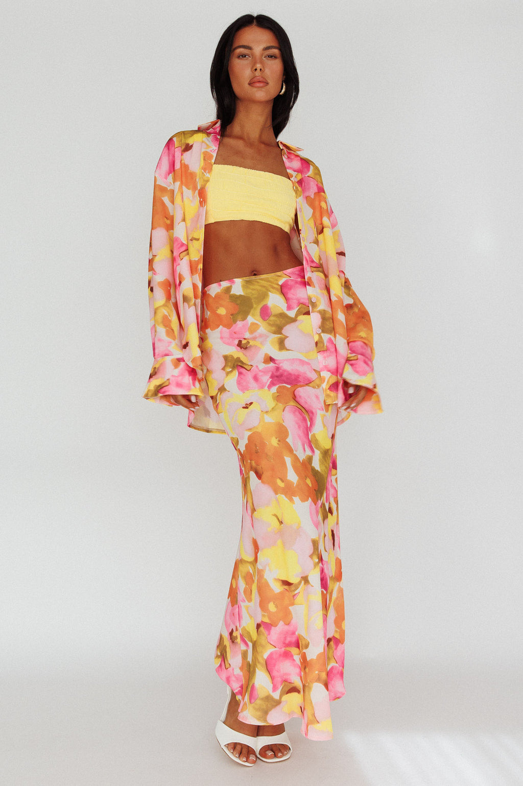 Vacation Midi Skirt Floral Pink/Yellow by Selfie Leslie Australia