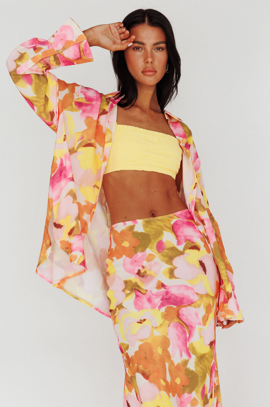 Vacation Long Sleeve Flared Cuff Shirt Pink/Yellow by Selfie Leslie Australia