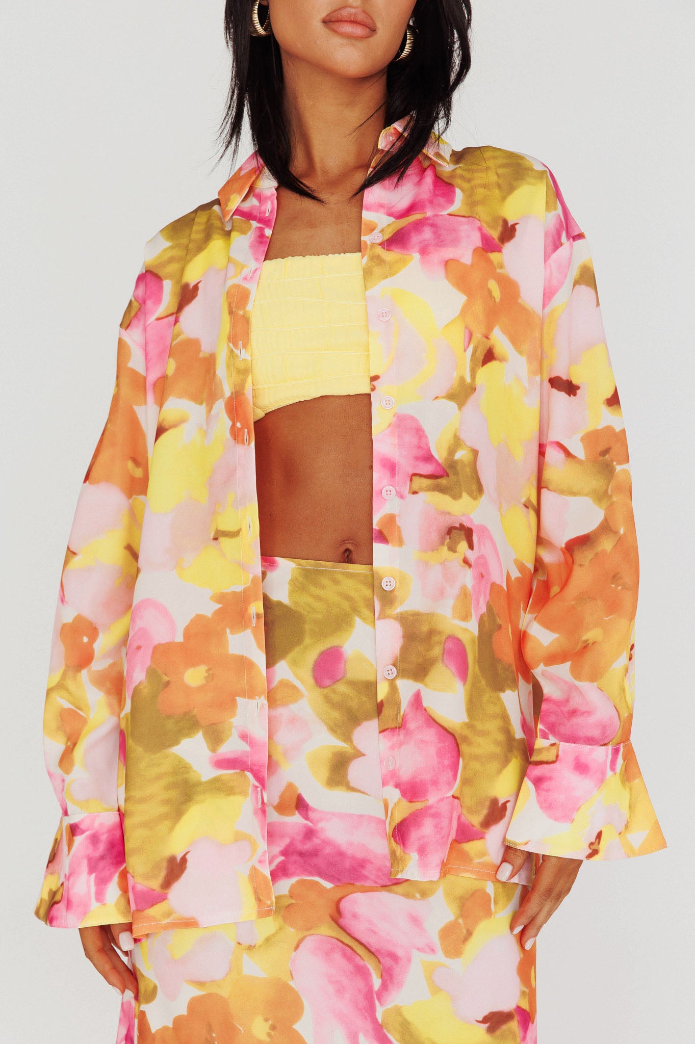 Vacation Long Sleeve Flared Cuff Shirt Pink/Yellow by Selfie Leslie Australia