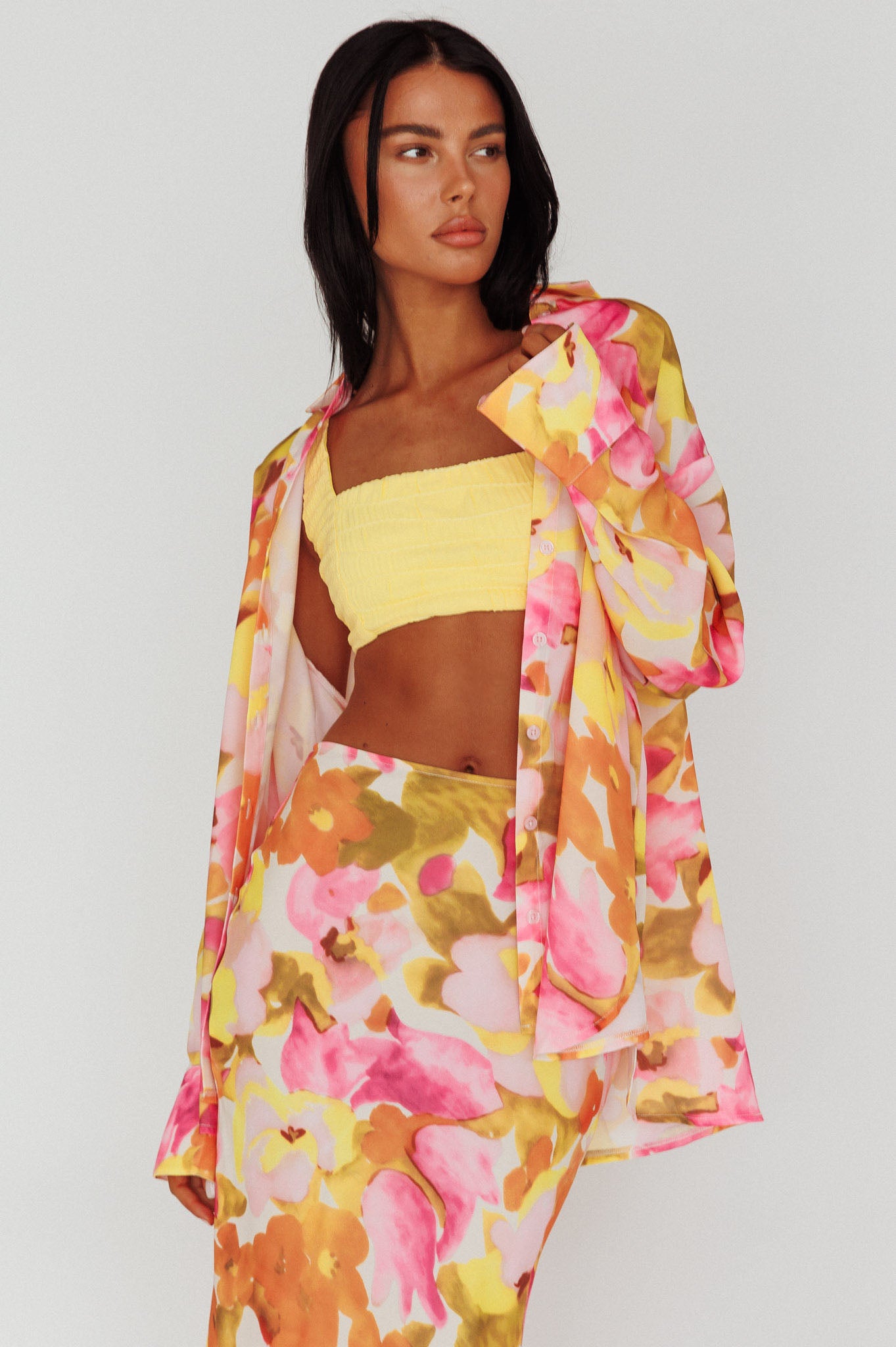 Vacation Long Sleeve Flared Cuff Shirt Pink/Yellow by Selfie Leslie Australia