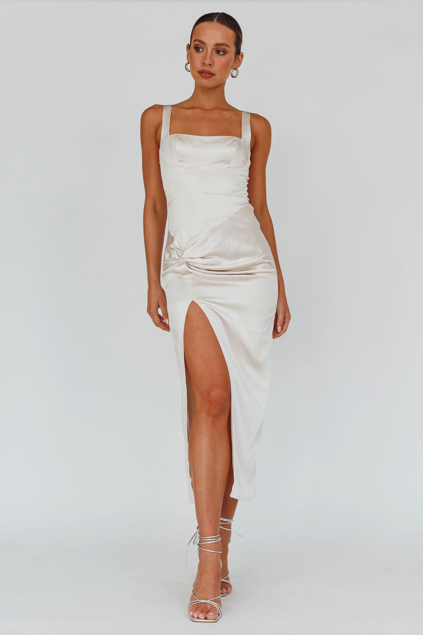 Kristin Knotted Waist Split Midi Dress Champagne by Selfie Leslie Australia