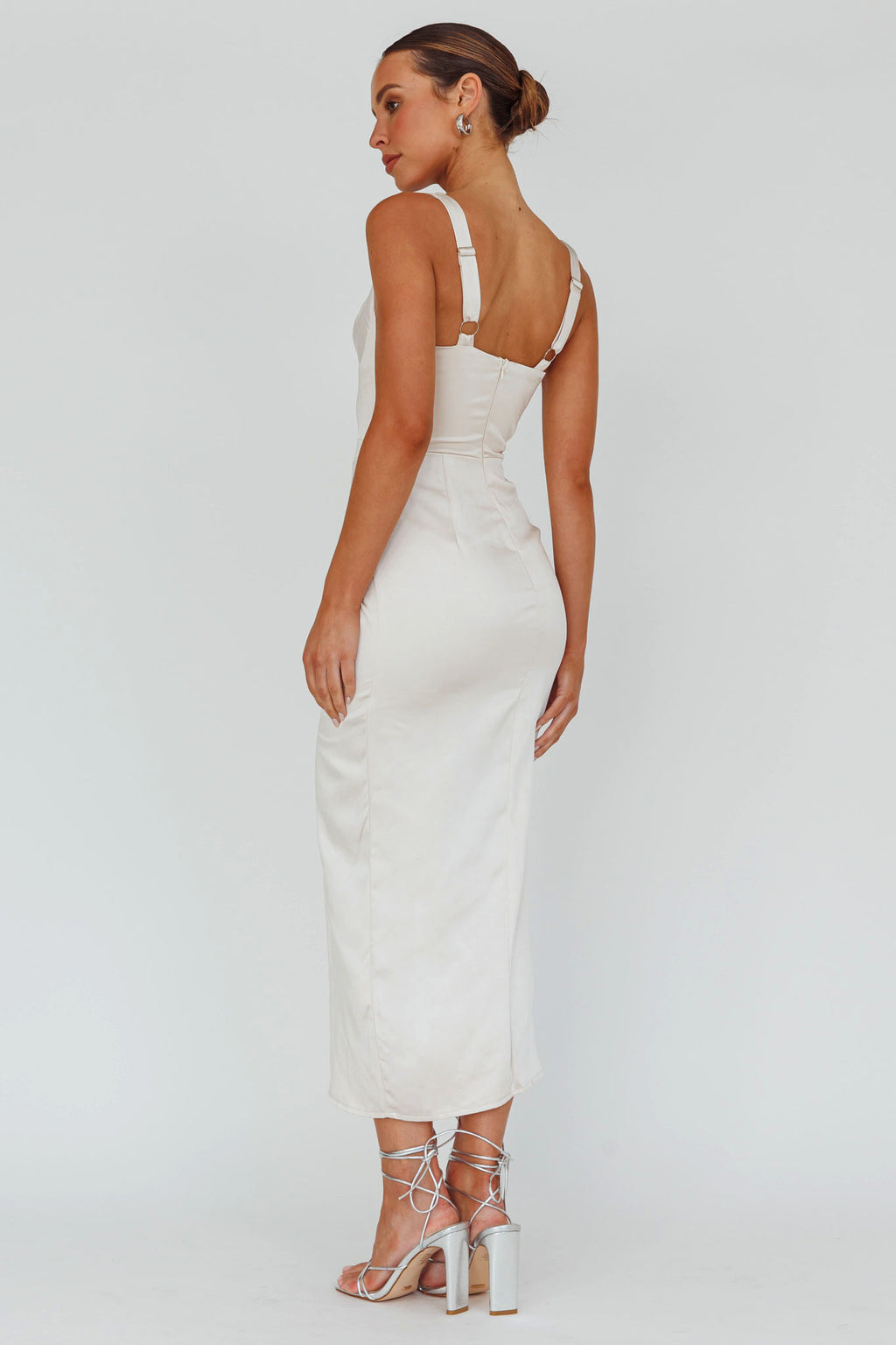 Kristin Knotted Waist Split Midi Dress Champagne by Selfie Leslie Australia