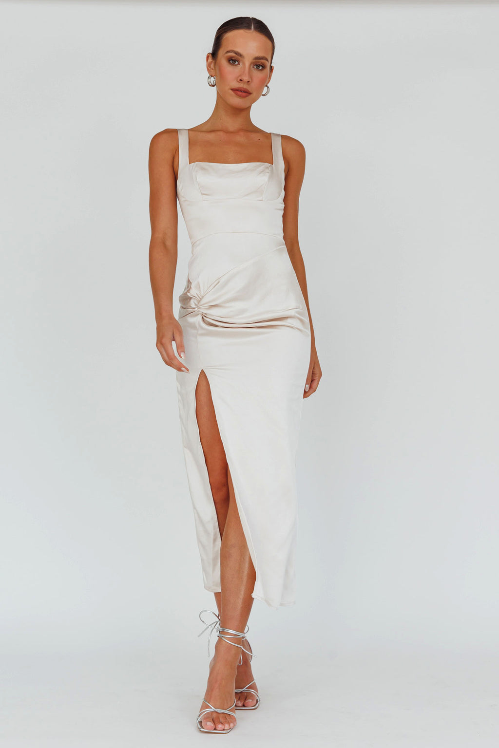 Kristin Knotted Waist Split Midi Dress Champagne by Selfie Leslie Australia
