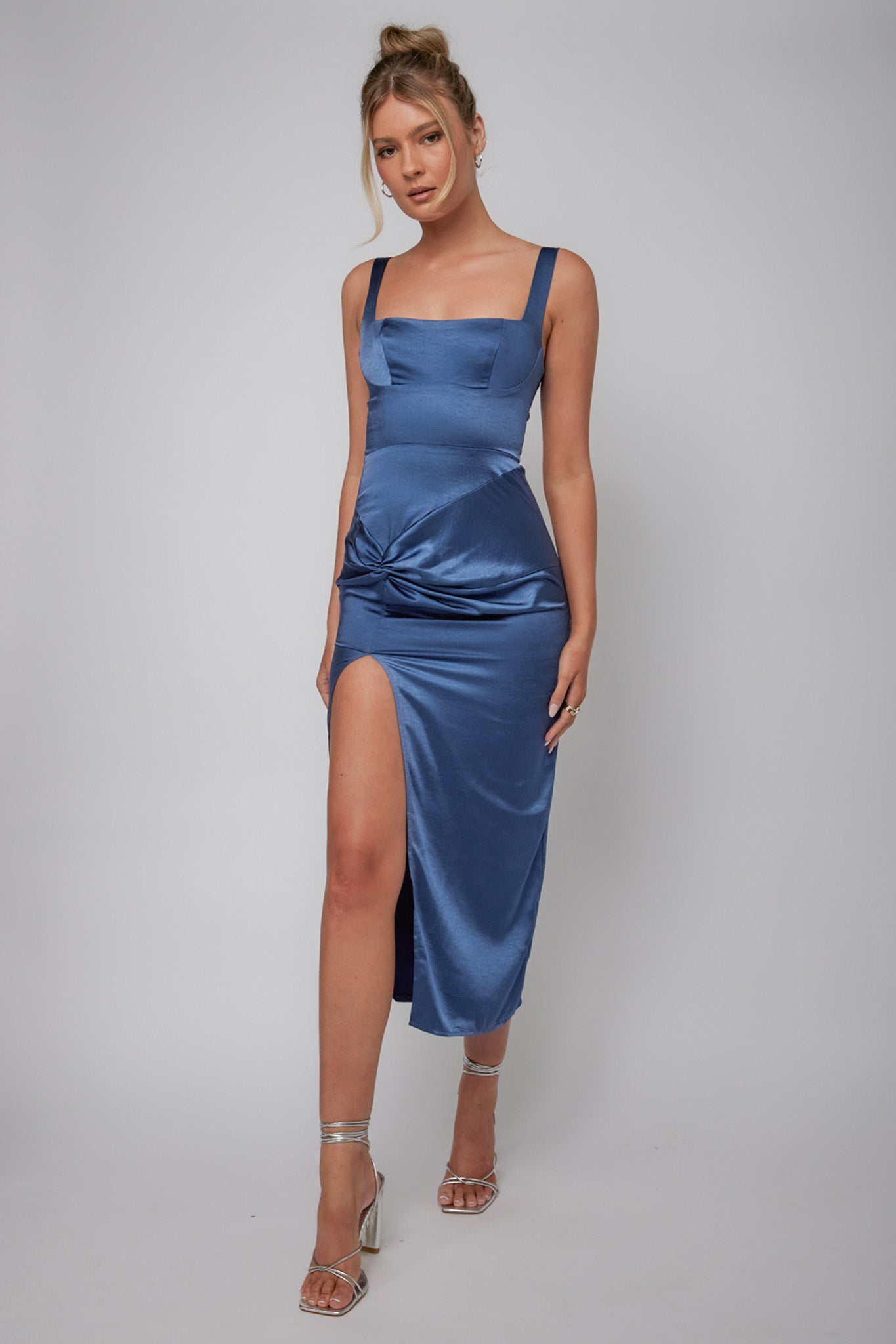Kristin Knotted Waist Split Midi Dress Navy by Selfie Leslie Australia